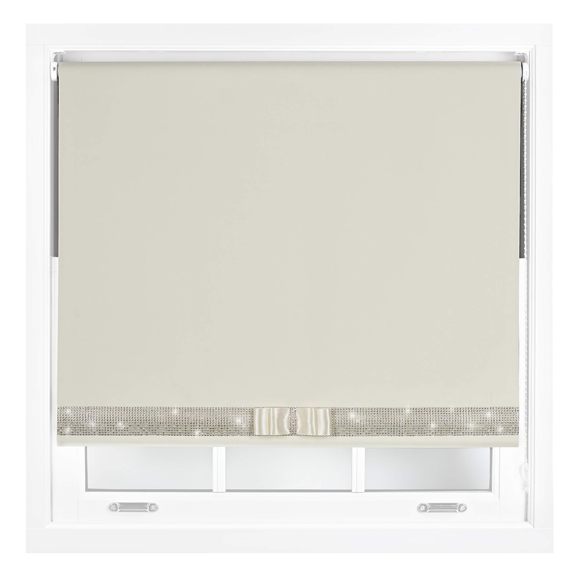 Furnished Cream Diamante Blackout Blinds With Bow - Decorative Diamond Sparkle Design Roller Blind Cut To Size Up To 210W X 165L Cm