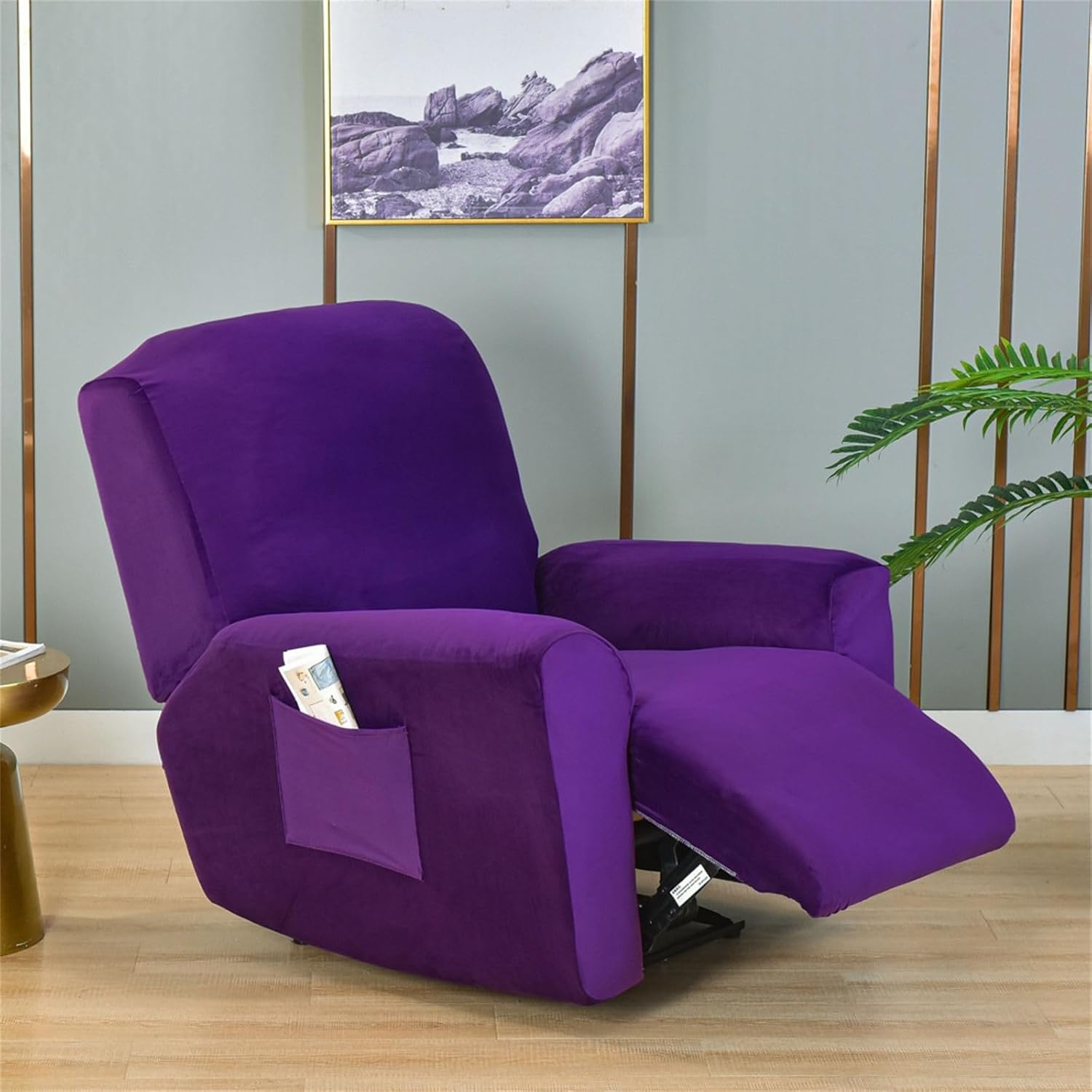 Morbuy Solid Color Flannel Recliner Covers for Recliner Chair Stretch, 4 Pieces Recliner Slipcovers with Elastic Bottom Recliner Sofa Covers with Pocket Recliner Couch Cover (Purple)
