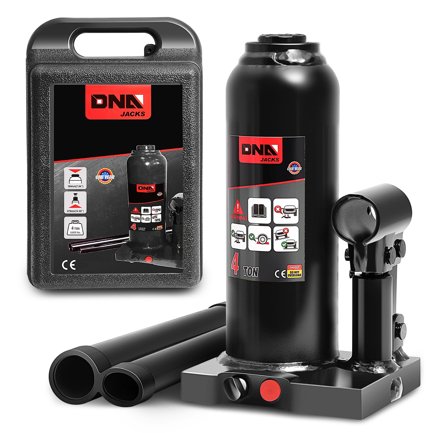 DNA Motoring 4 Ton Hydraulic Car Bottle Jack, Black, 8000 lbs Capacity