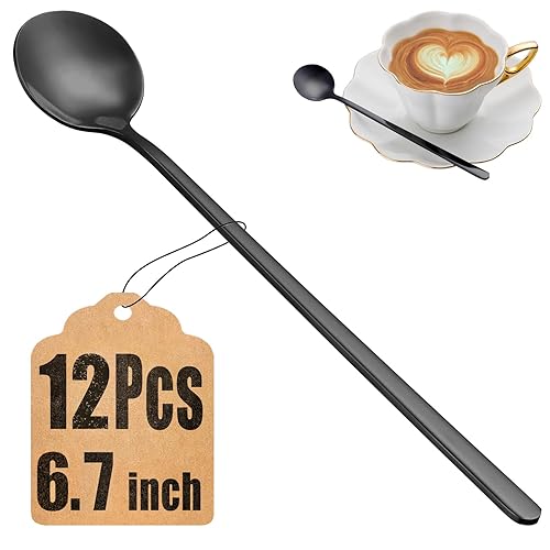 12 Pcs Teaspoons Set, 6.7 Inch Black Tea Spoons Long Handle, Black Small Teaspoons, Food Grade Stainless Steel Spoons, Long Spoon for Stirring, Metal Espresso Spoon
