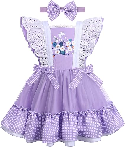 Vestido de princesa a cuadros para bebé, sin mangas, vintage, de encaje, a cuadros, vestido de princesa acampanado con diadema