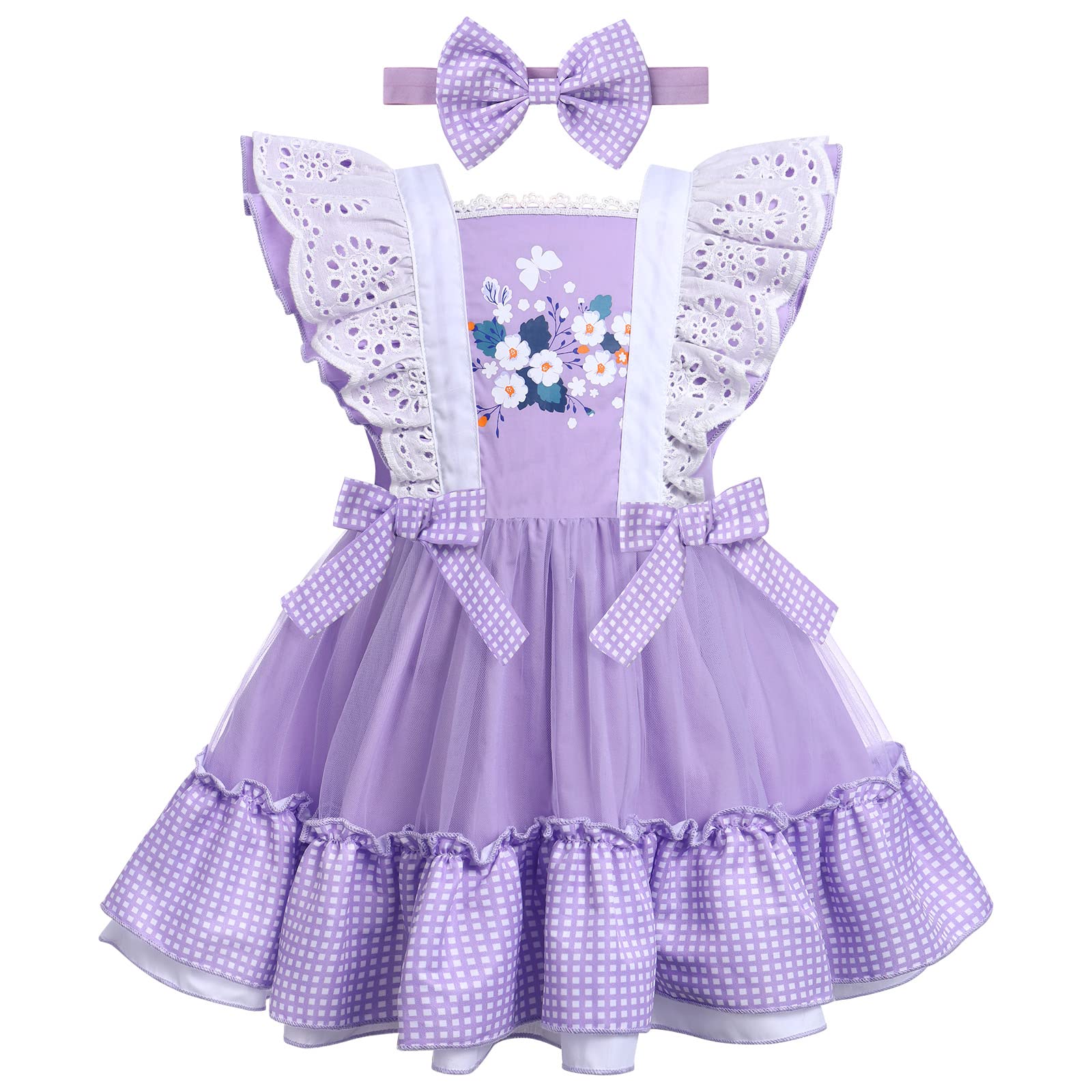 Toddler Baby Girl Ruffle Tutu Dress First Birthday Cake Smash Outfits Princess Polka Dot Bowknot Rainbow Floral Pageant Tea Party Dresses Baby Easter Baptism Dress Up Purple Flower 18-24 Months