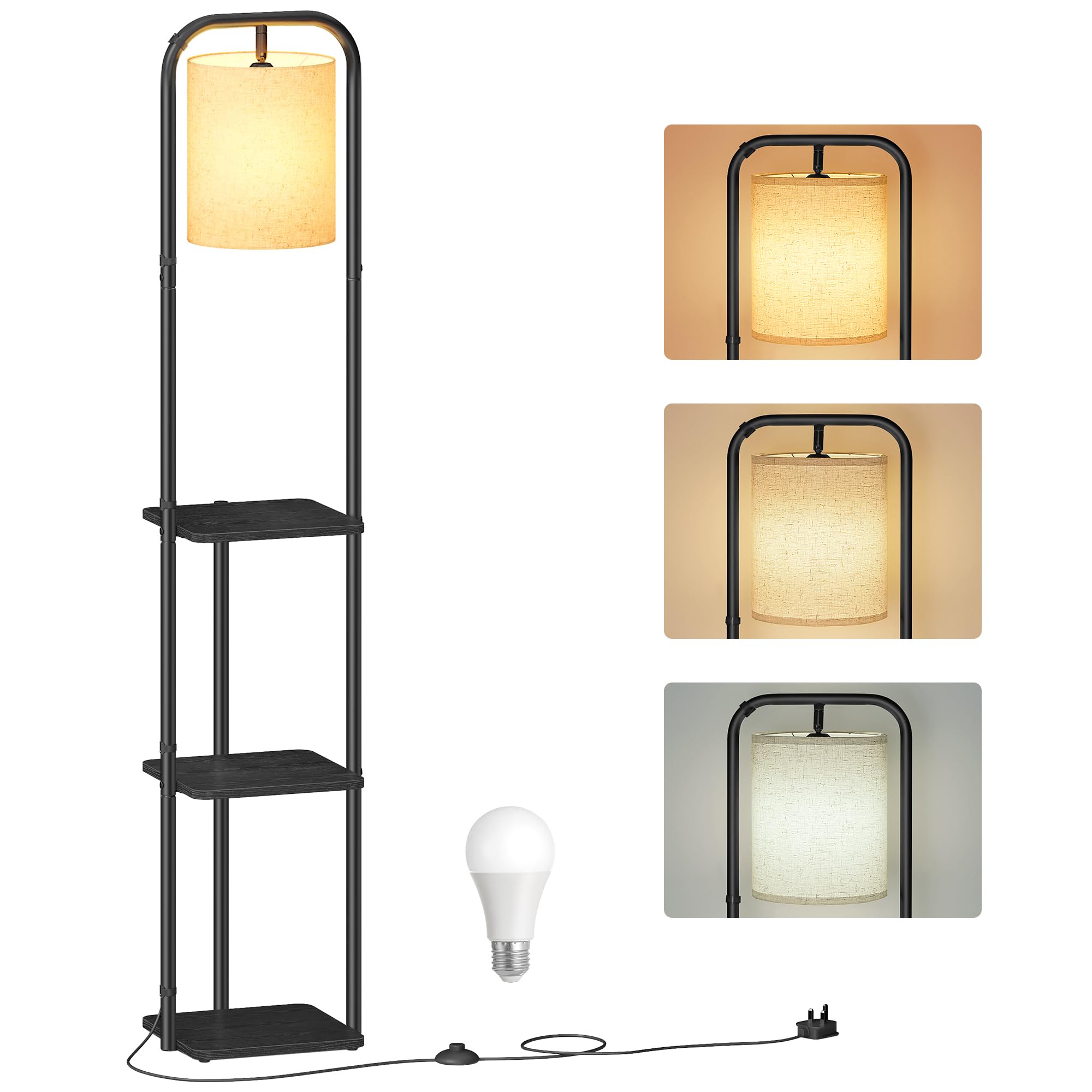 VASAGLE Lampada da Terra con 3 Ripiani, Piantana con Mensola, Lampadina LED Inclusa, Interruttore a Pedale, Paralume in Tessuto, Soggiorno Camera da Letto, Nero Inchiostro LFL001BD02