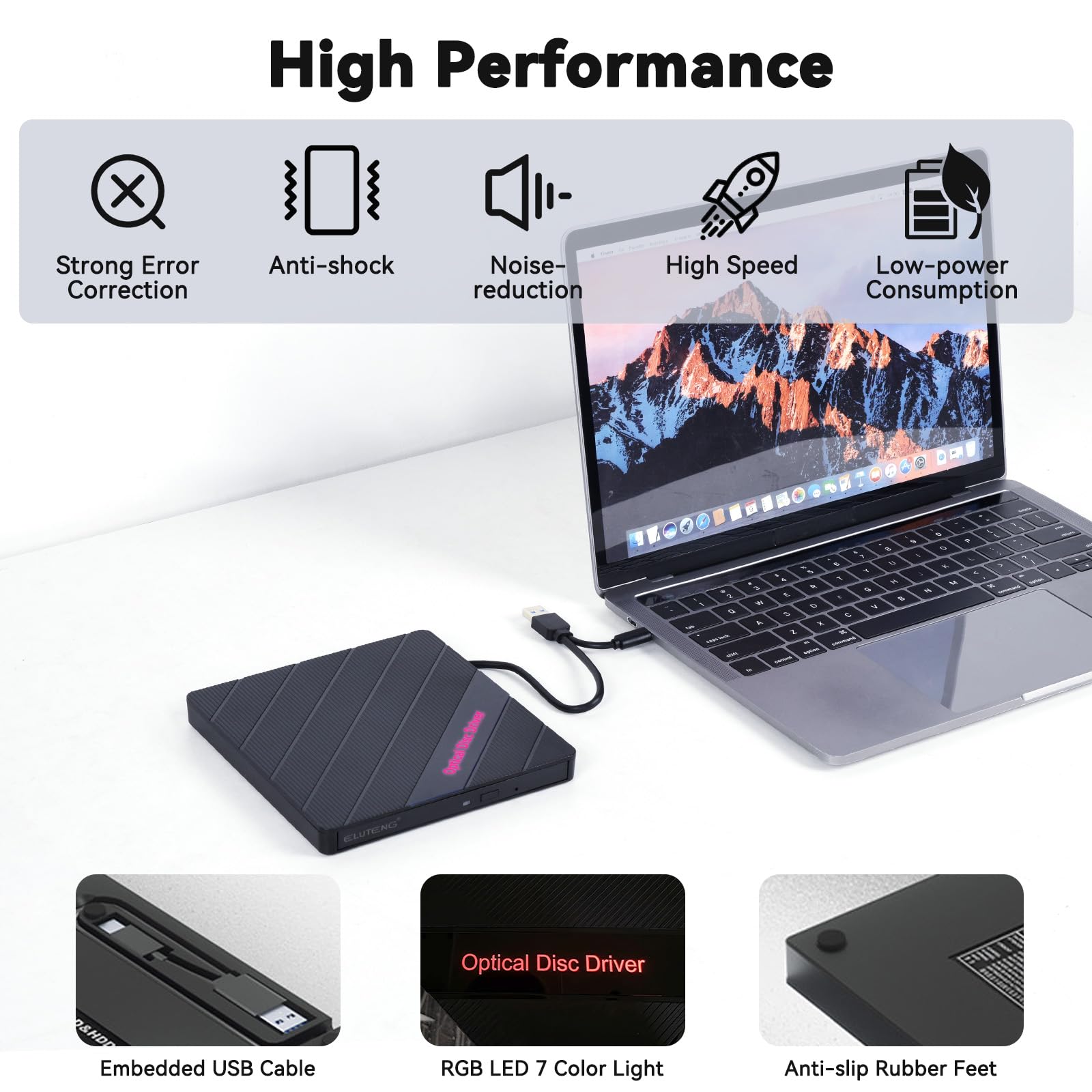 ELUTENG Lecteur/Graveur CD/DVD Externe USB 3.0 Type-C avec Câble USB-C 0.6m, Portable Graveur/Lecteur CD/DVD Portable +/-RW pour Laptop PC MacBook Windows 11/10/8/7 Mac OS