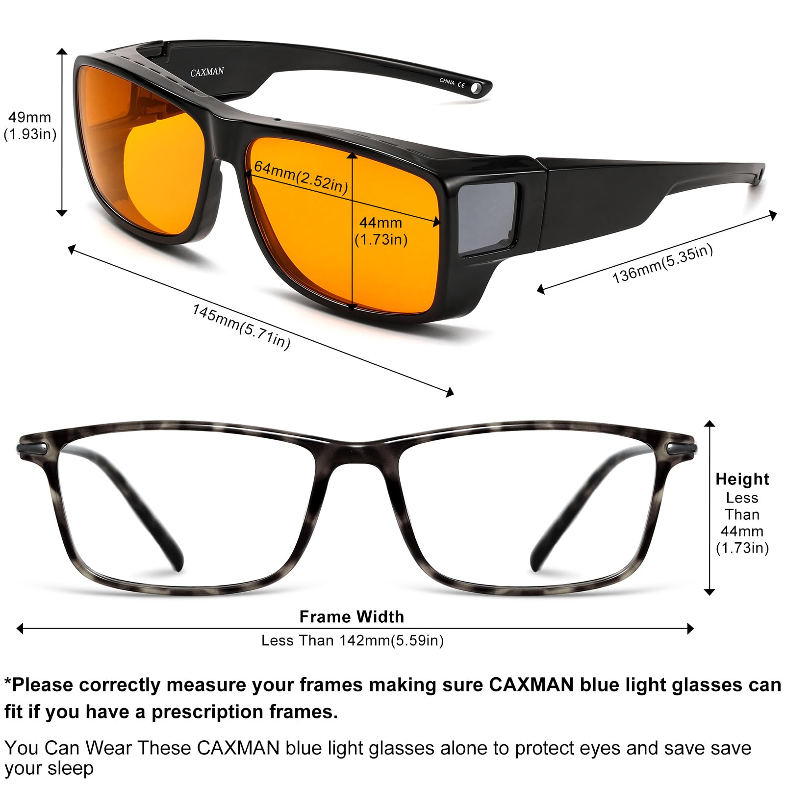 CAXMAN 99,9 % gafas de luz azul, lentes naranjas para un buen sueño sobre las gafas completamente cubiertas