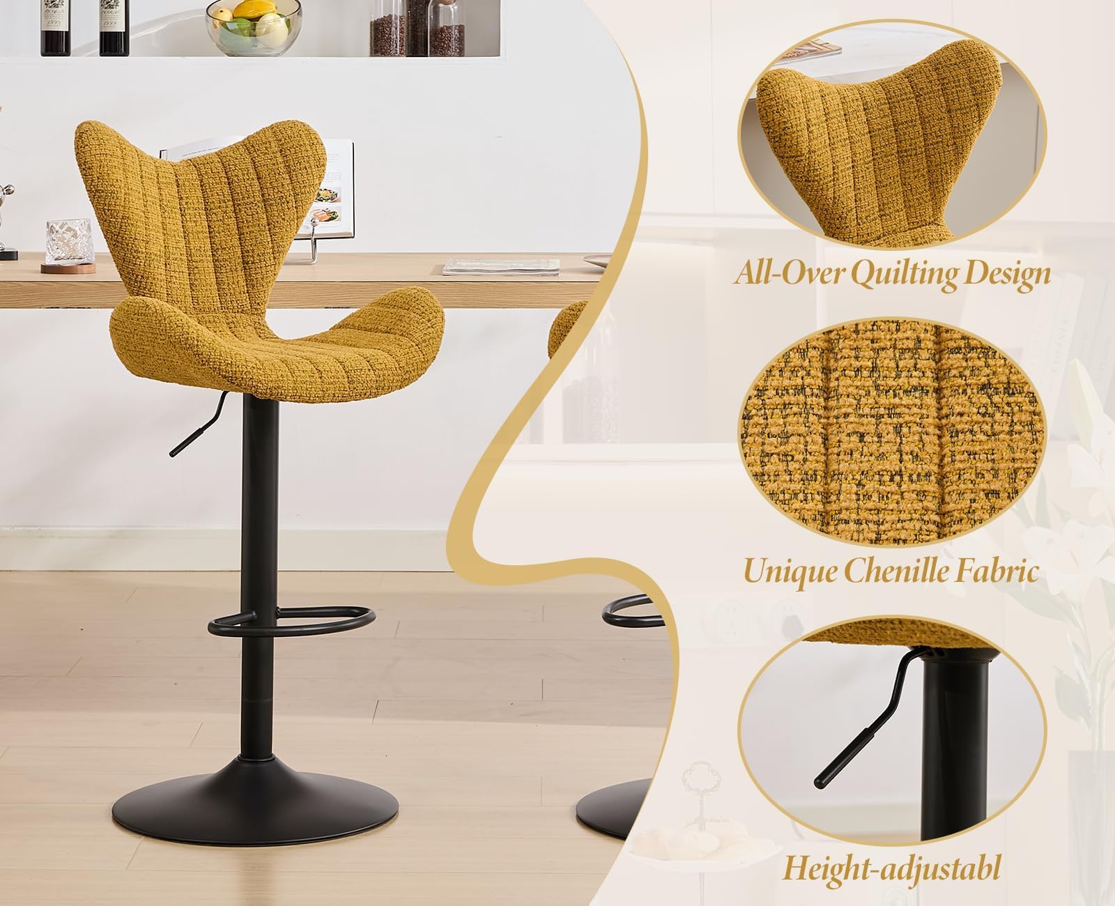 Tabouret de Bar Pivotant 360° en Chenille Lot de 2 Tabourets Hauts avec Dossier Unique Chaise de Bar Réglable en Hauteur pour Cuisine, Jaune