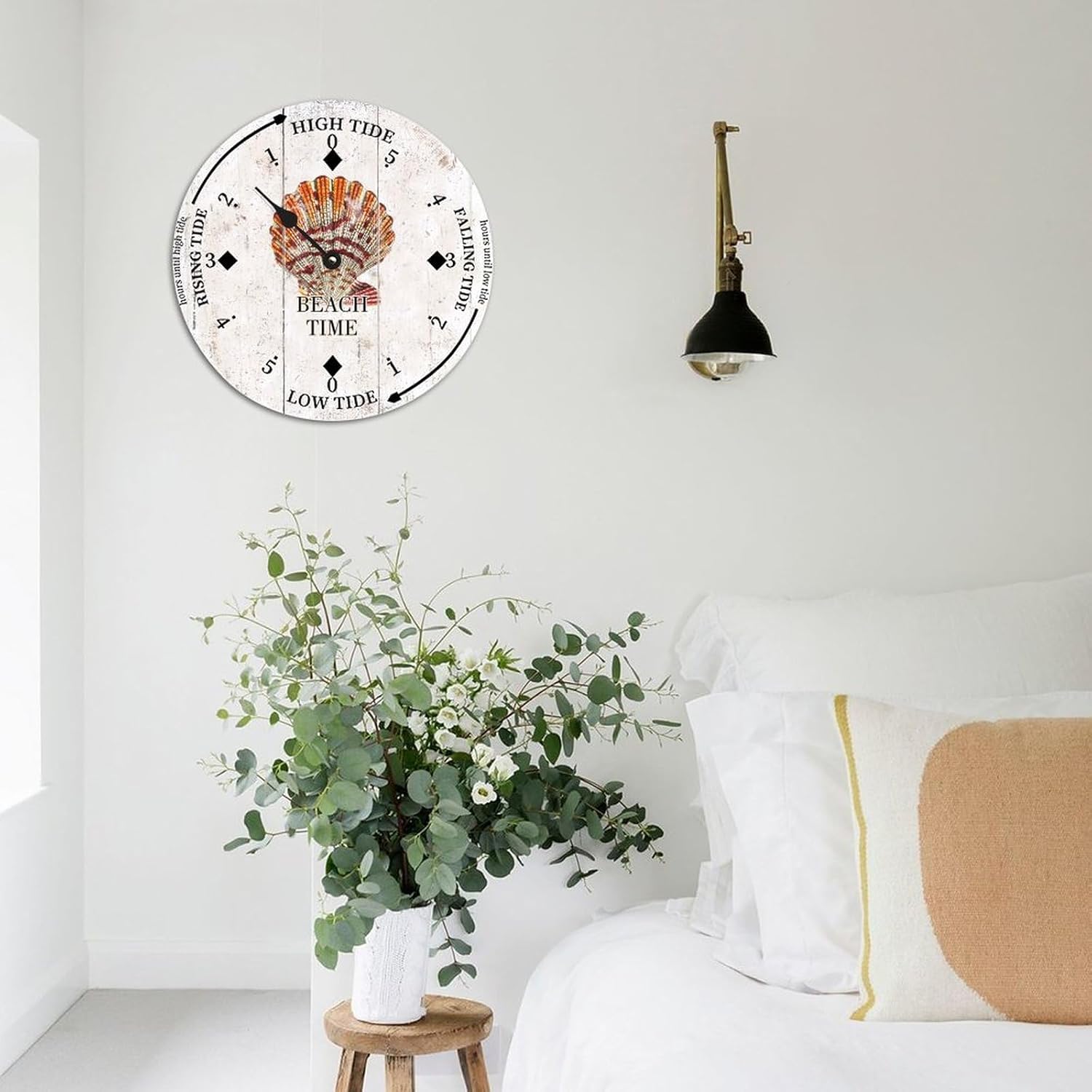 Cheyan Beach Time Shell Tide Clock Silent Non-Ticking Battery Operated Wooden Moon Nautical Tide Movement Clock for Sailing Living Room Restaurant Home Decor Wood Wall Art 15x15 in