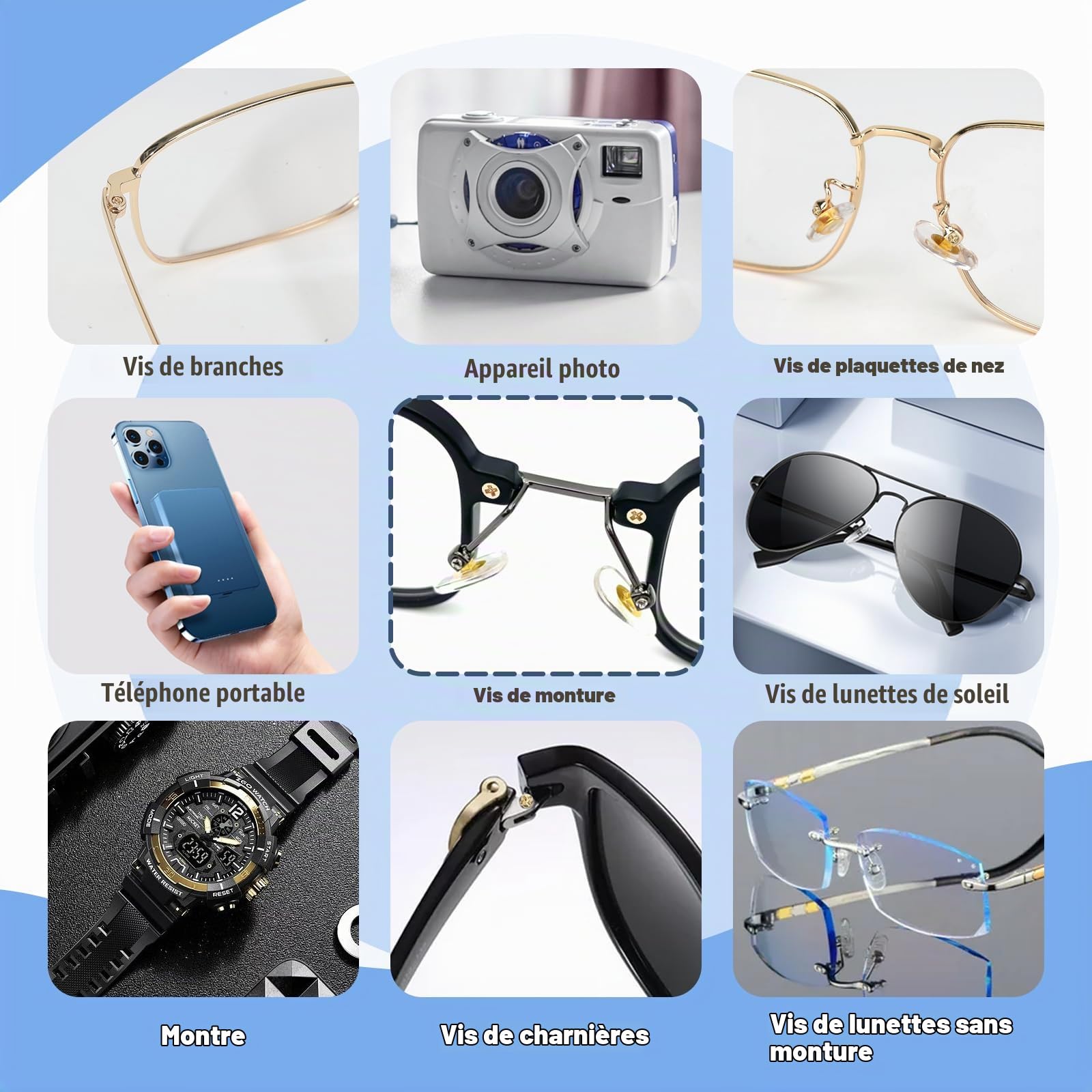 Kit d'outils de réparation de lunettes doré - Kit de réparation de lunettes de vue avec vis à lunettes, plaquettes de nez, petit tournevis, pince à épiler pour lunettes, lunettes de soleil, montre