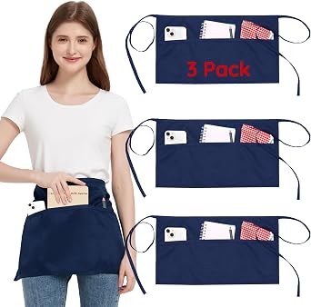 3 Pack Waist Apron with 3 Pockets, Black Waitress Waiter Aprons for Women Man, Water Resistant Server Aprons Long Straps Bistro Apron for Chef Restaurant Work Bar