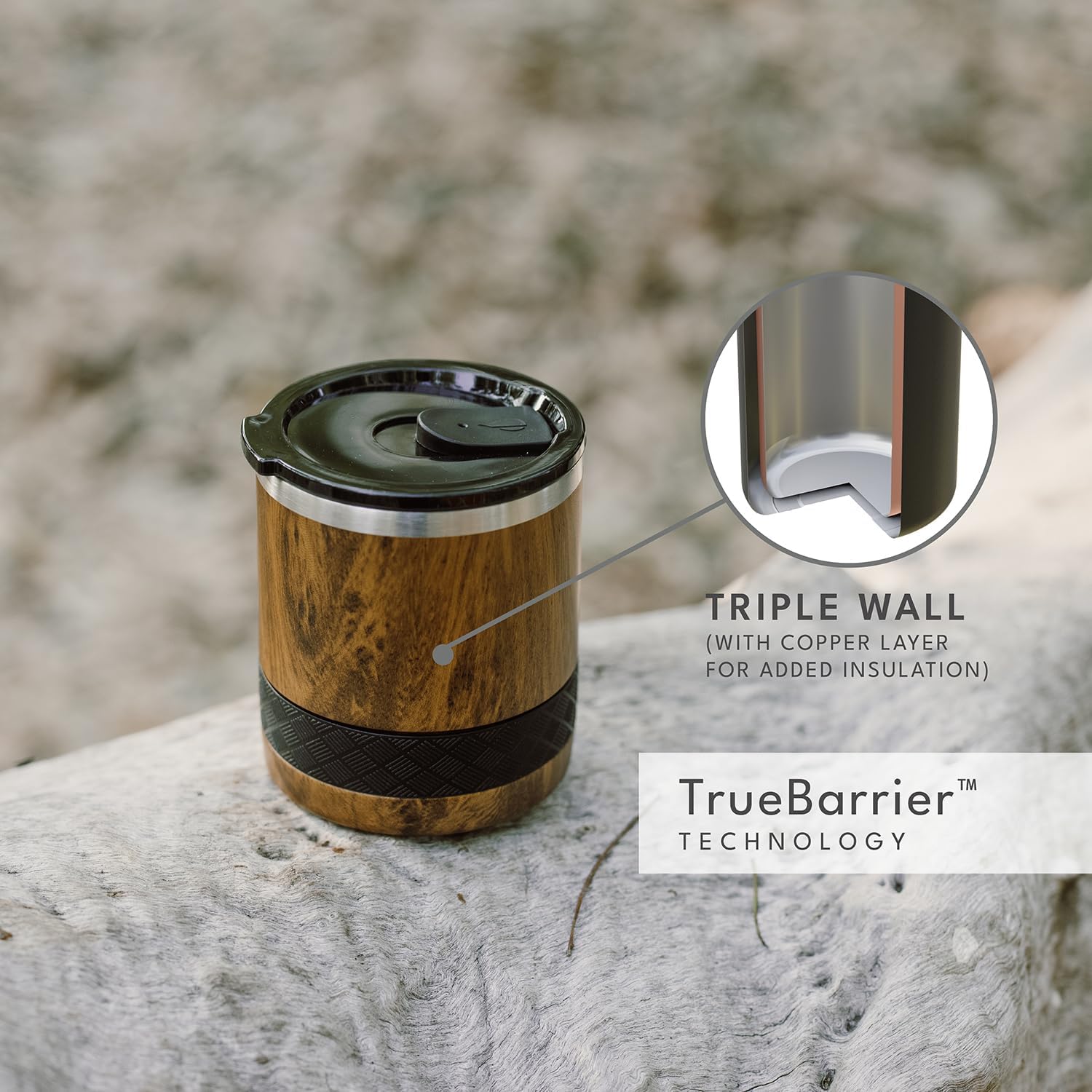 Elemental Recess Lowball Tumbler, 10oz Triple Wall Stainless Steel Cup with Non-Shattered Tritan Lid, Insulated Whiskey Glass, Insulated Coffee Tumbler Mug for Hot & Cold Drinks - Teak Wood - Image 3