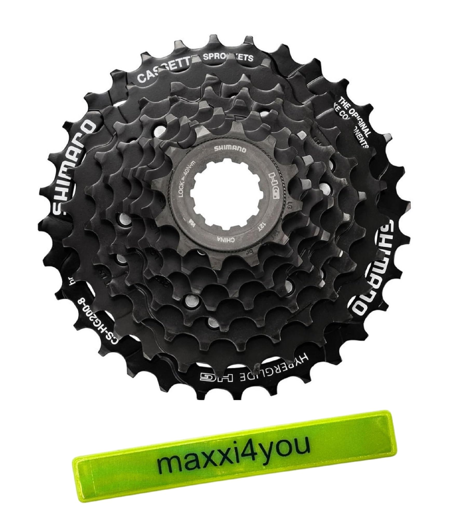 maxxi4you Shimano CS-HG200-8 kaseta 8-rzędowa, 12-32 zęby, czarna, z taśmą odblaskową