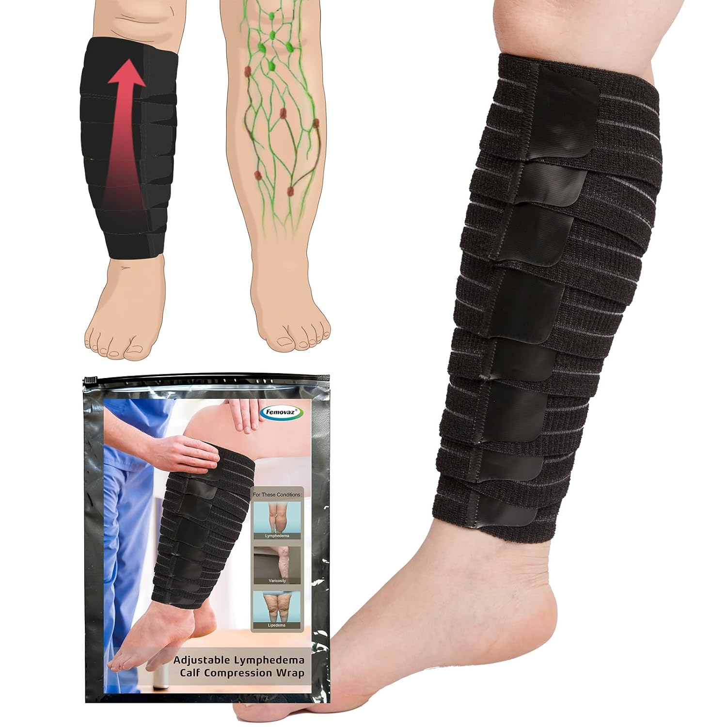 1PC Adjustable Calf Compression Wrap | Lymphedema Edema Swelling Relief | Breathable Anti-Slip | All-Day Comfort, Black L