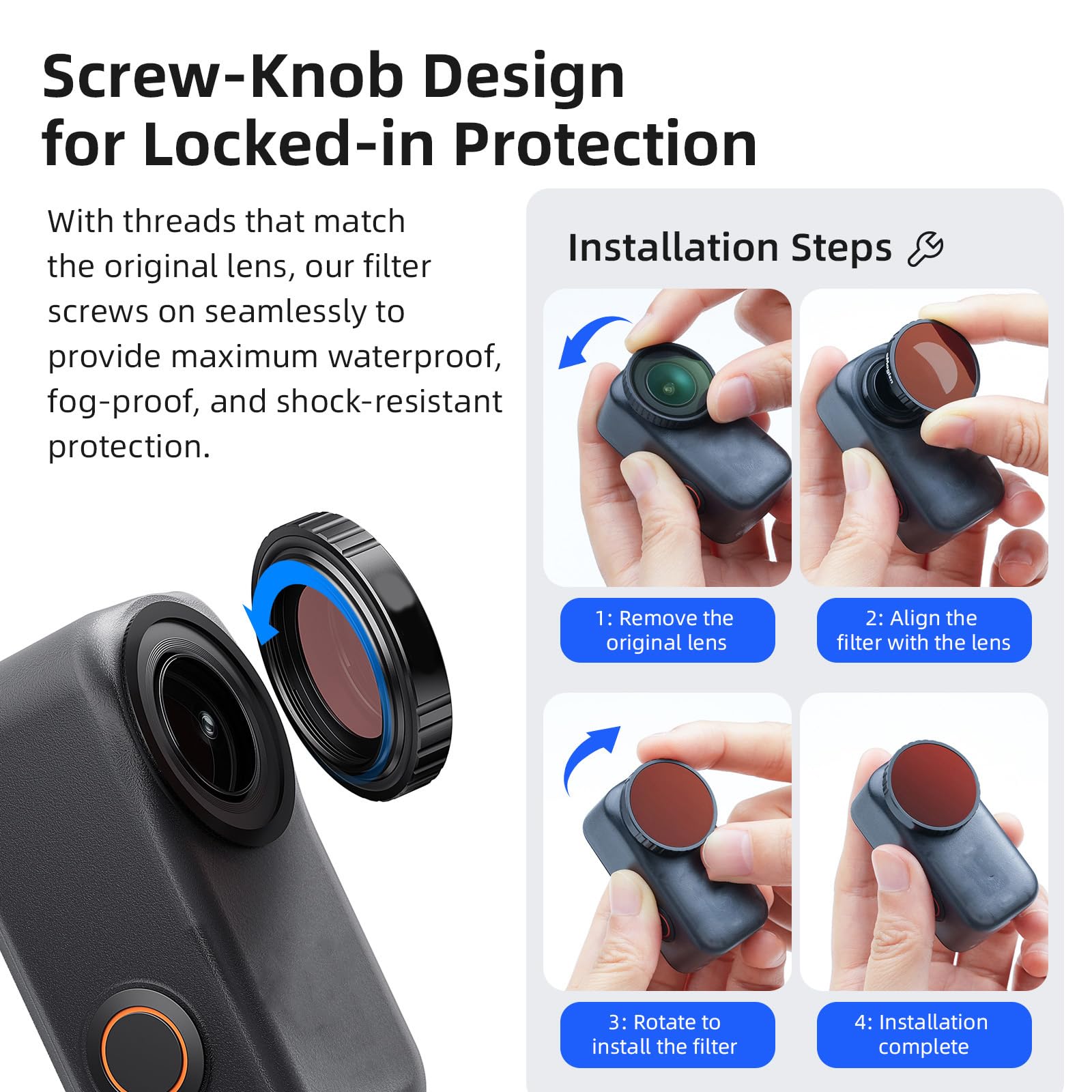 Filtro protettivo impermeabile per lenti per action camera ad alta trasmissione della luce Telaio in lega di alluminio Opt copertura in vetro