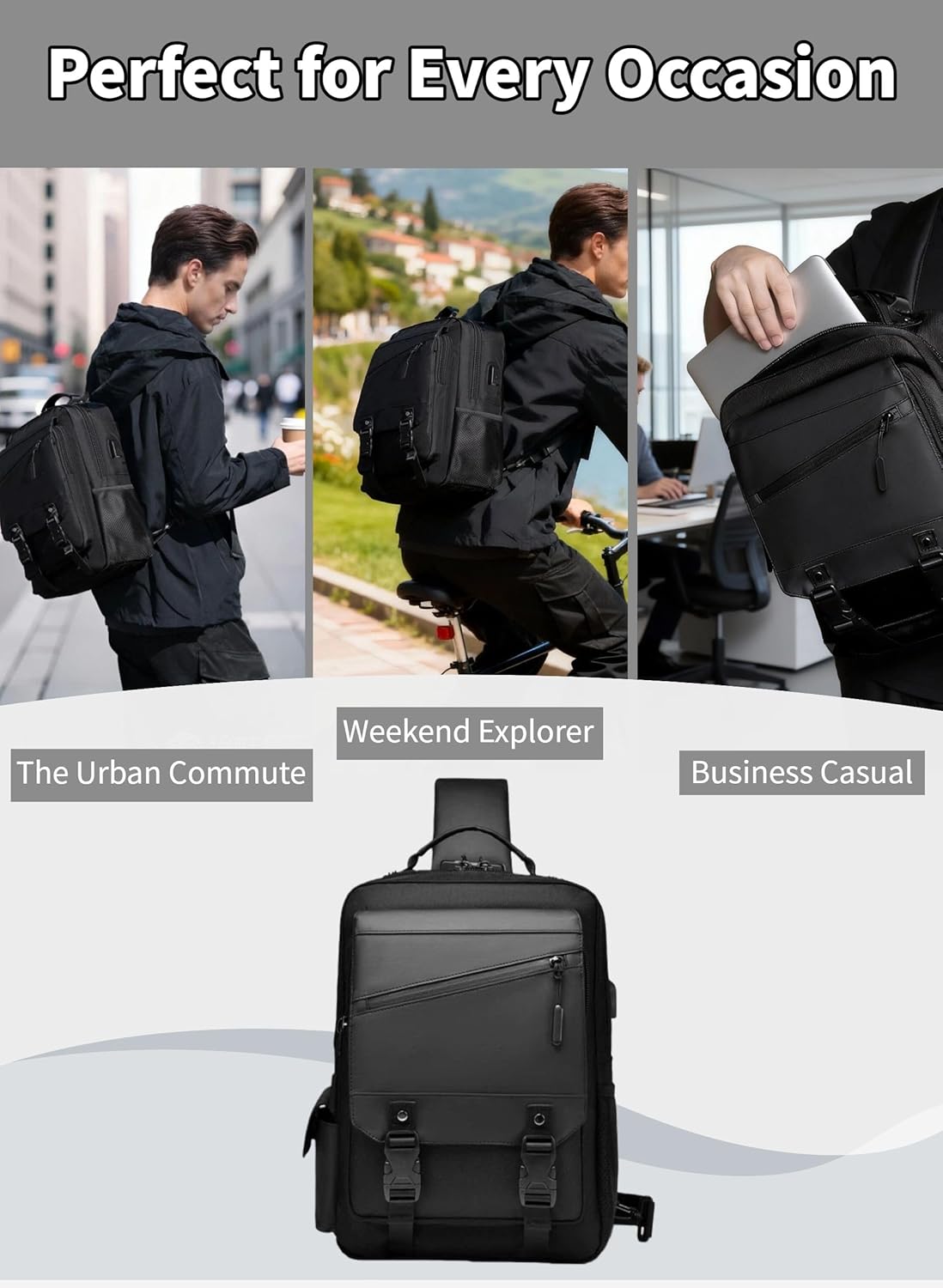 BASICPOWER Laptop Sling Bag for Men Women, Sling Backpack Crossbody Bag Fits 14 inch Computer with USB Port Anti-theft - Image 9