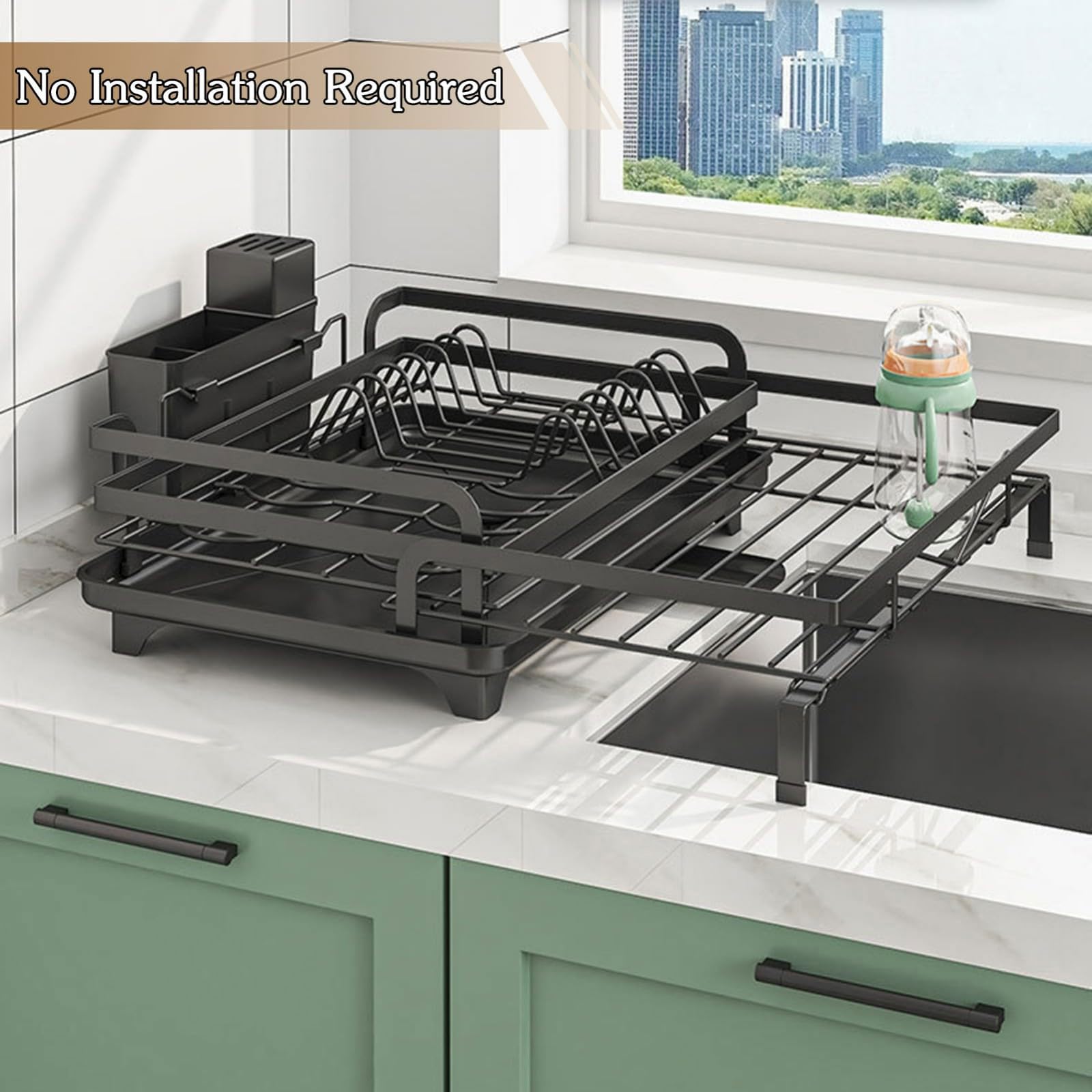 Escurridor de Platos Extensible Acero al Carbono Escurridor de Platos con Bandeja Recogegotas y Portacubiertos Secador Boquilla Extensible y Giratoria 360° Ahorra Espacio Secaplatos