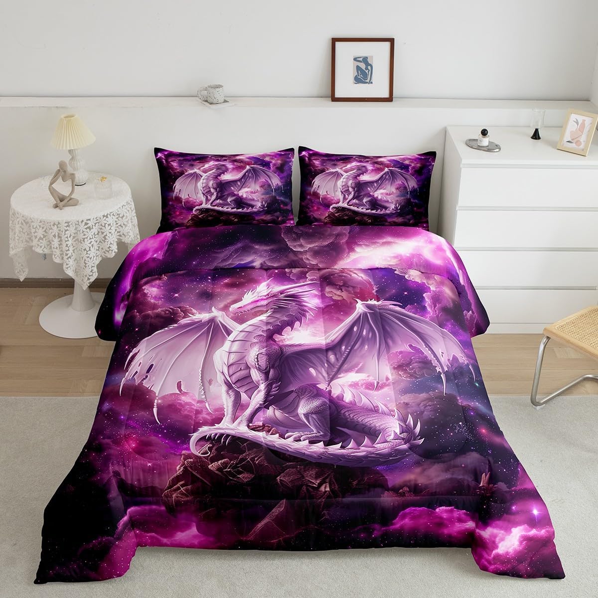 Dragon Kids Comforter Set Queen Size,Western Magical Dragon Bedding Set for Boys Teens Adults Room Decor,Animal Galaxy Nebula Duvet Insert 3Pcs,Glitter Starry Sky Wildlife Quilt Set,2 Pillowcases