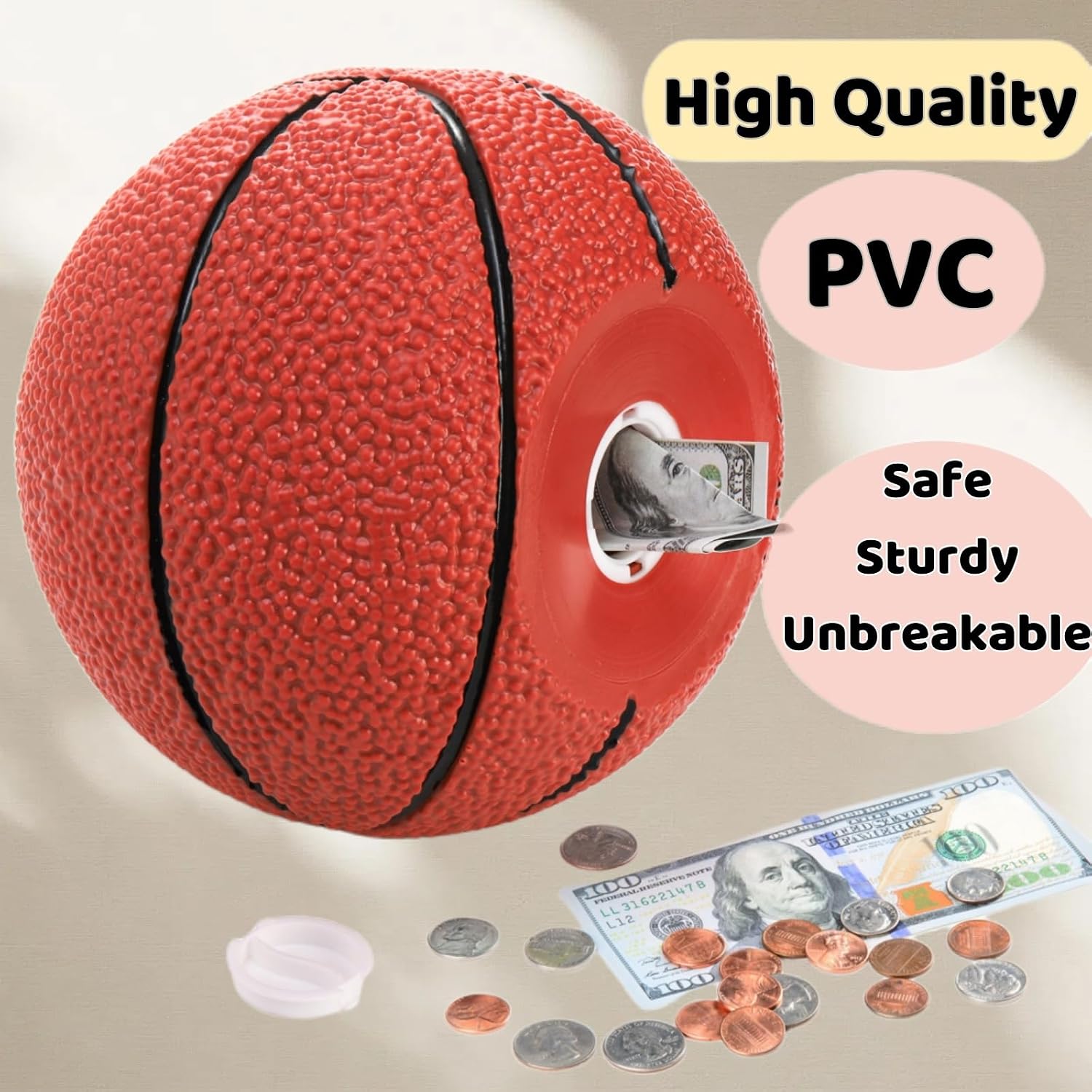Tlence Basketball Piggy Bank for Boys, 7.5" Large Shatterproof Sports Themed Coin Bank, PVC Money Box for Girls, Money Bank for Kids, Adults as Christmas Birthday Gifts, Room Desktop Decoration