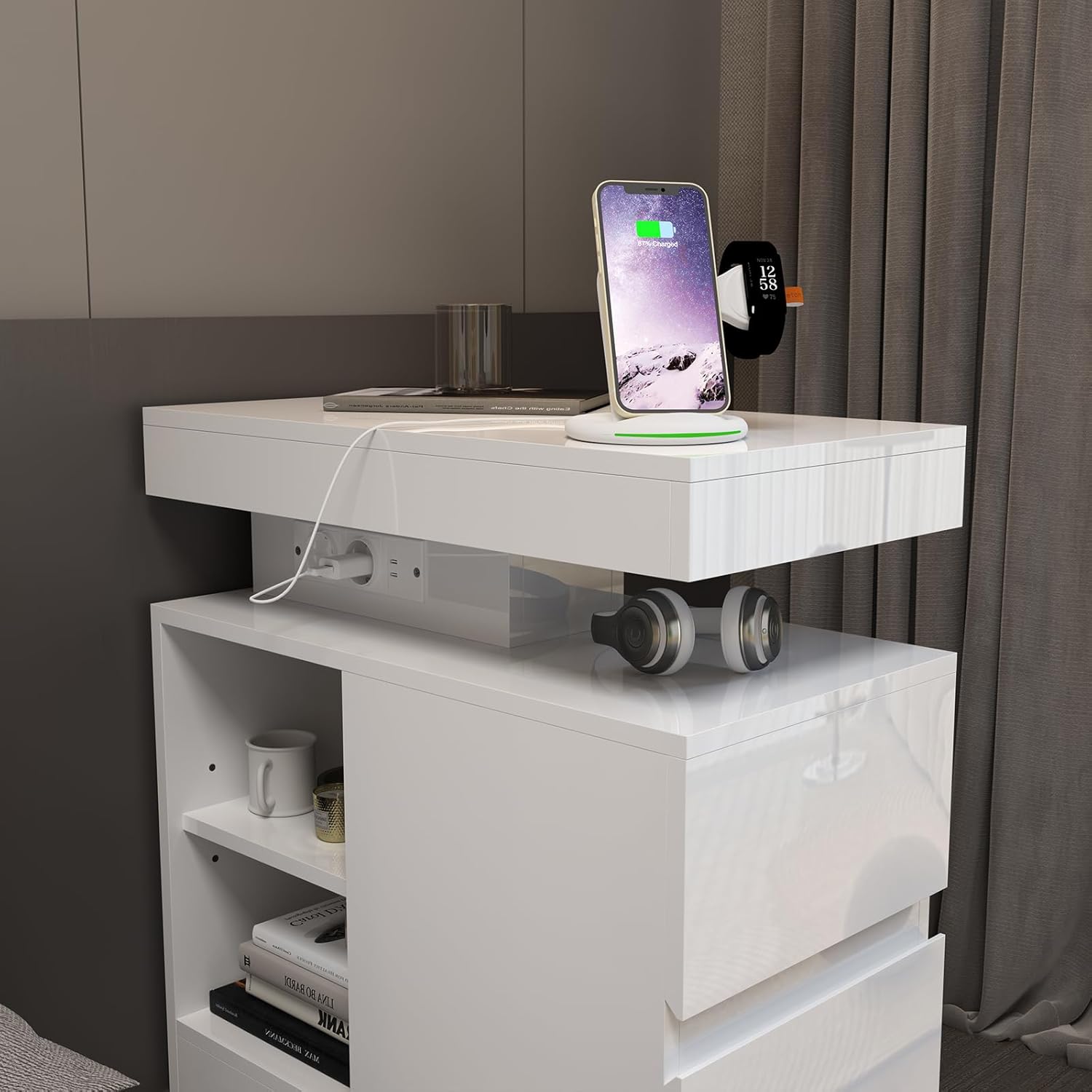 OC Orange-Casual LED End Table with Power Outlet, High Glossy Sofa Side Table, Small Nightstand with Drawer and Storage Cabinet, Narrow Side Table with Charging Station for Living Room (1,White)
