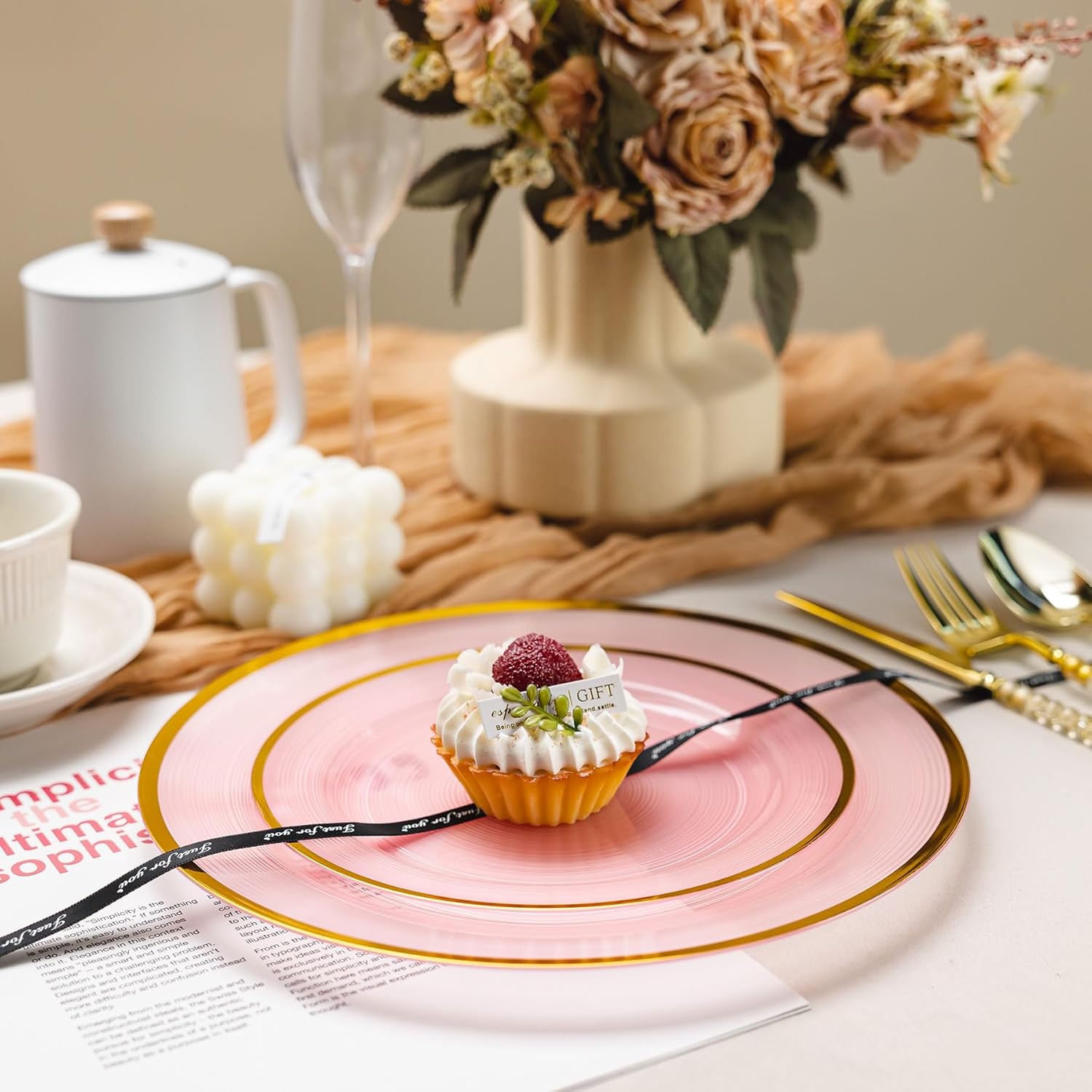 120PCS Pink Plastic Plates with Gold Rim, Heavy Duty Disposable Plate, Fancy and Elegant Circular Ribbed 60 Dinner and Dessert Plates for Party, Weddings