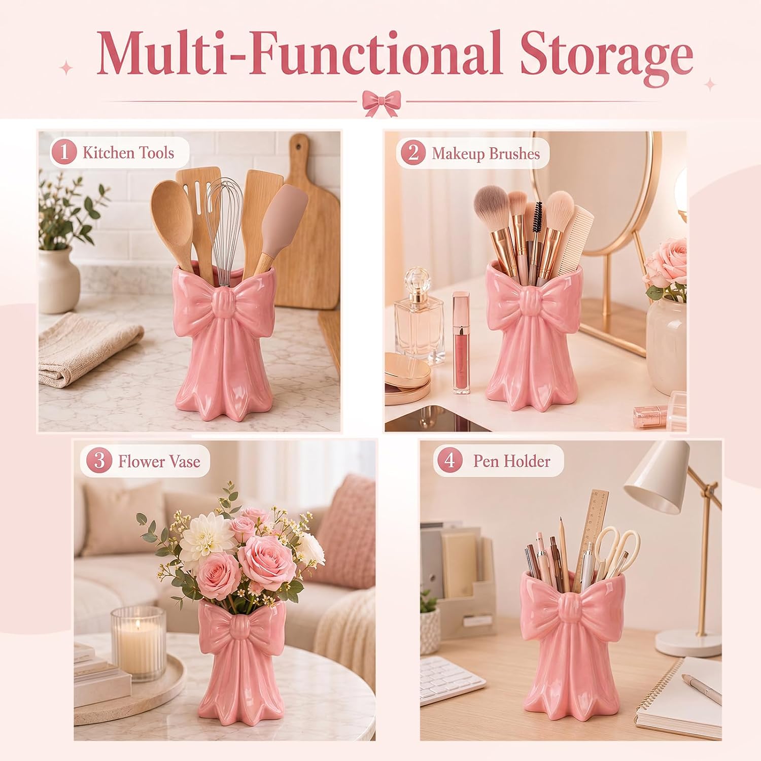 Pink Bow Ceramic Utensil Holder 6.2×4.8×4.3 Inch, 3D Kitchen Utensil Holder for Counter, Cute Pink Bow Vase Storage Organizer for Cooking Tools Makeup Brushes