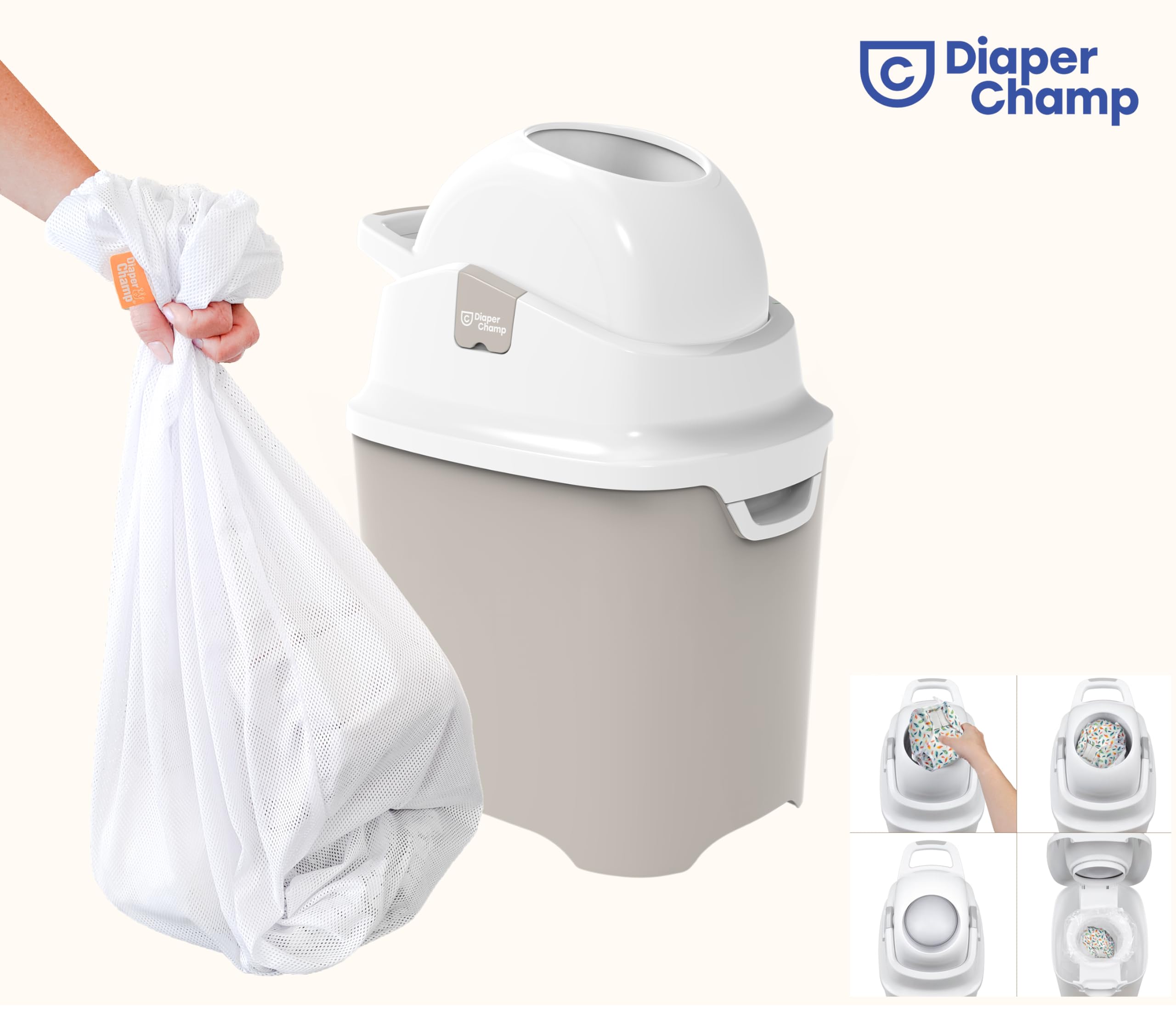 DIAPER CHAMP One - Cubo resistente al olor para pañales, sin cartuchos, con bolsas normales, para aprox. 30 pañales, beige y blanco