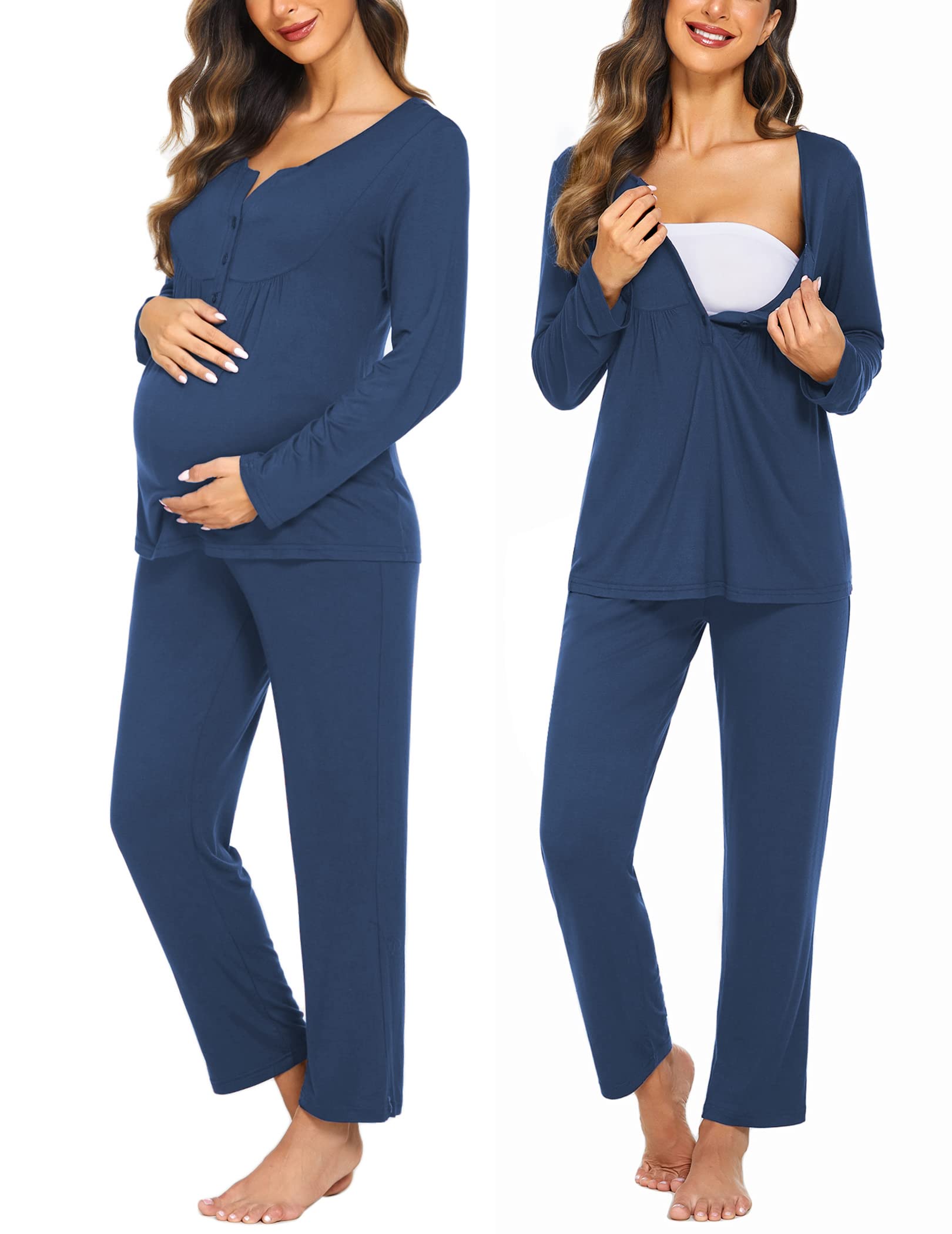Ekouaer Conjunto de pijama de maternidad de manga larga y pantalones con bolsillos, ropa de dormir de doble capa para embarazo