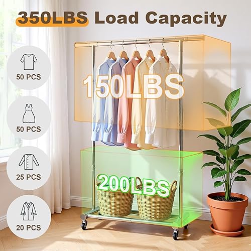 Miniatura 3 de TigerParty Perchero para colgar ropa, perchero de ropa resistente de acero inoxidable, perchero rodante extensible y ajustable con ruedas para