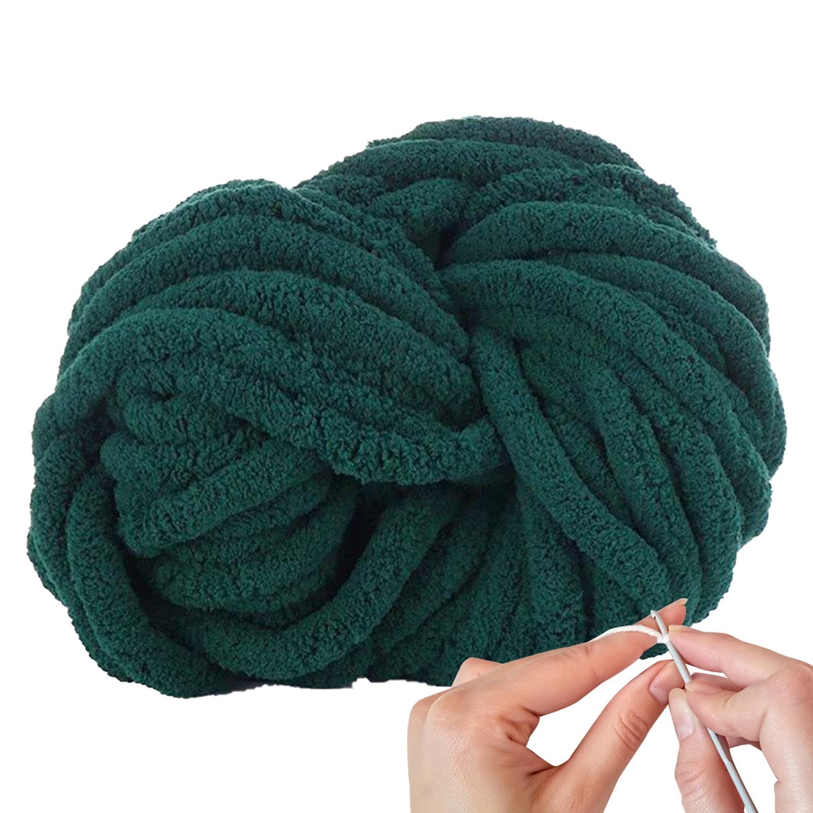 Generic Super Chunky Chenille Soft Wool Yarn for Knitting, Crochet, Handmade Crafts, Scarves, Blankets, Hats, 27m x 2cm, Dark Green