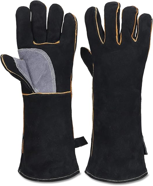 Extreme Heat & Fire Resistant Gloves Leather with Kevlar Stitching,Perfect for Fireplace, Stove, Oven, Grill, Welding, BBQ, Mig, Pot Holder, Animal Handling, Black-Grey