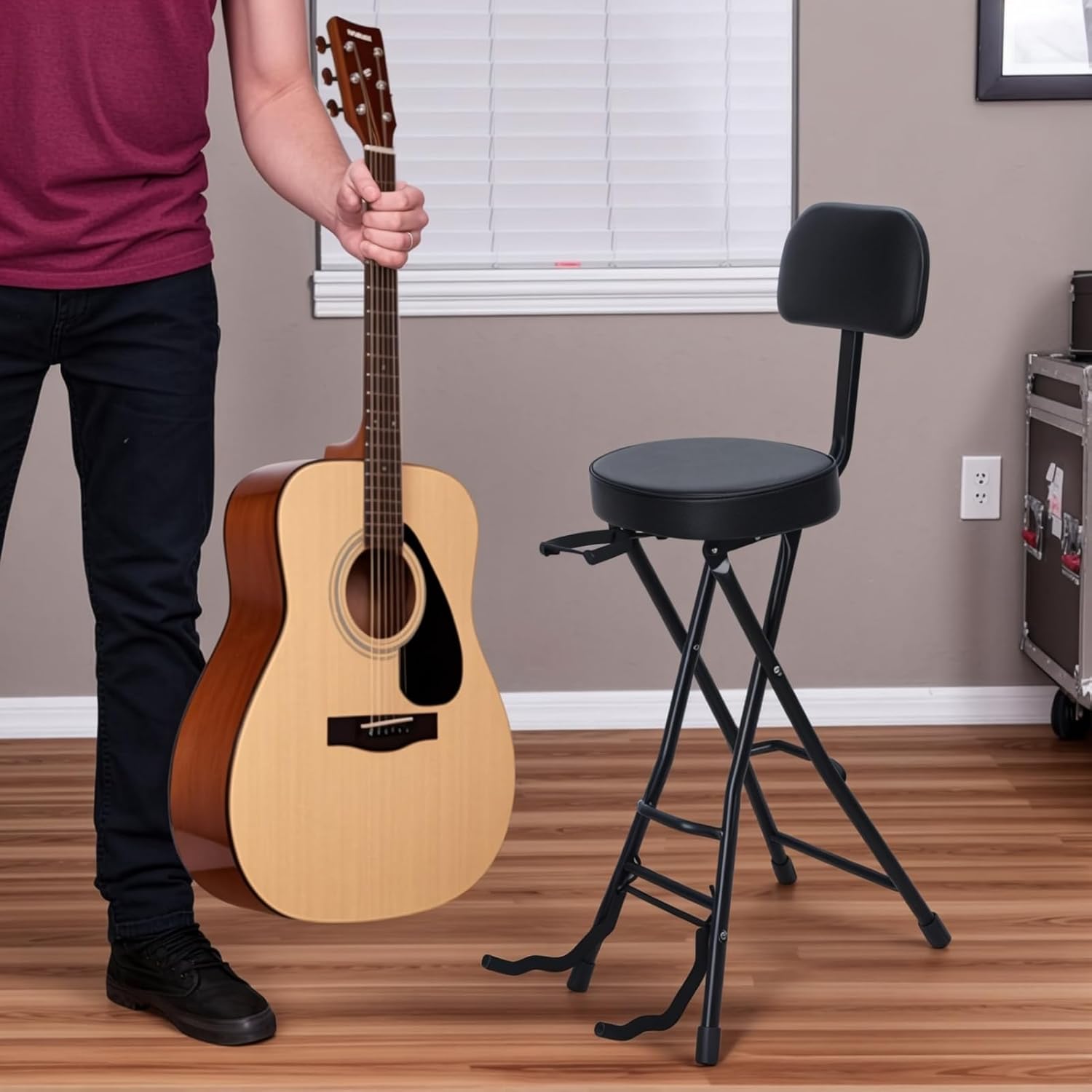 Foldable Guitar Stool with Backrest, Guitar Seat with EVA Foam Upholstery, Seat with Built-in Stand and Adjustable Footrest for Hand-Held Instruments Black