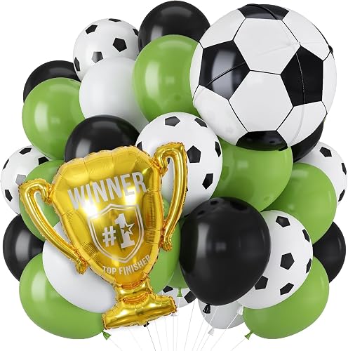 Green and Black Soccer Balloons for Boys Men 12 Inch Green White Latex Soccer Balloons & 22" Soccer Foil Ball Gold Trophy Balloon Sports Theme Birthday Football Game Day Party Decorations Supplies