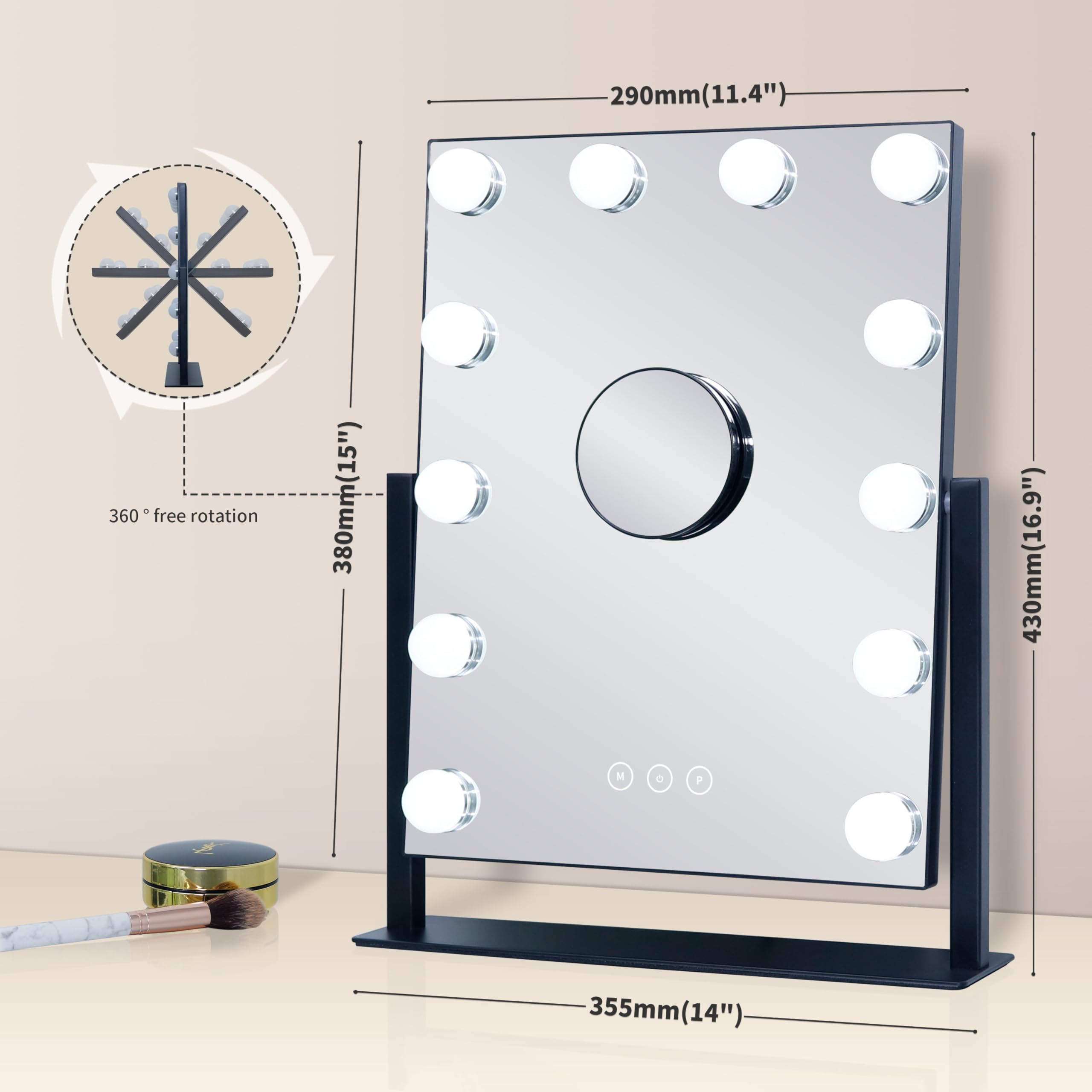 Specchio cosmetico con luci, specchio cosmetico illuminato con 15 lampadine dimmerabili per spogliatoio e camera da letto, illuminazione a 3 colori, modalità staccabile, ingrandimento 10x, valutazione