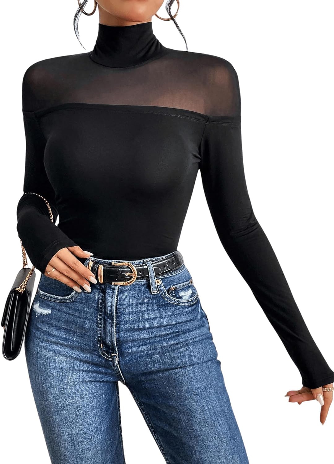 GORGLITTER Women's Turtleneck Long Sleeve Fall Tops Y2K Dressy Mock Neck Sexy Sheer Mesh Casual Going Out Tees Top 2025