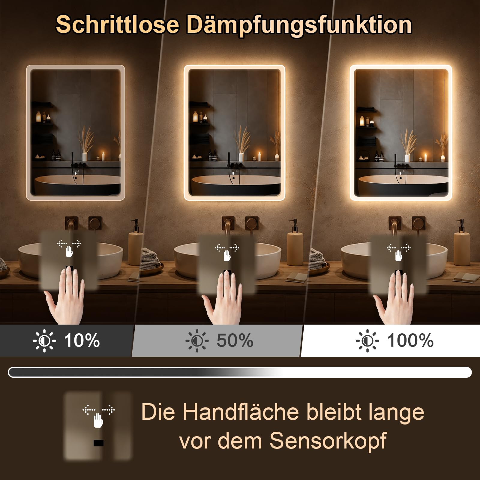 Specchio da parete per bagno, con illuminazione, specchio con luce LED, interruttore a sensore e 3 colori dimmerabili (60 L x 45 B) (60 L x 45 B)