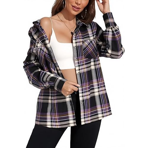 KevaMolly Plaid Flannel Shirts for Women Loose Fit Boyfriend Button Down Shirt Long Sleeve Casual Flannel Blouse Tops