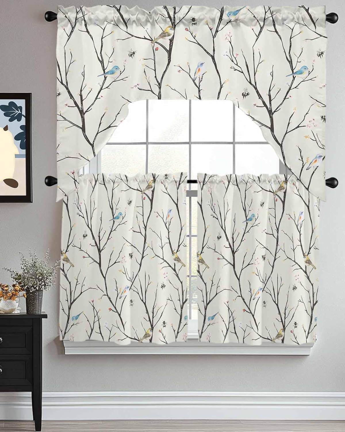 Swag Kitchen Curtains and Valances Set Bird Swag Curtain Valances and Tier Set Vintage Floral Tree Branch Rod Pocket Curtain Drapes for Kitchen Living Room Bedroom Window Treatment 56"x36"+27.5"x36"