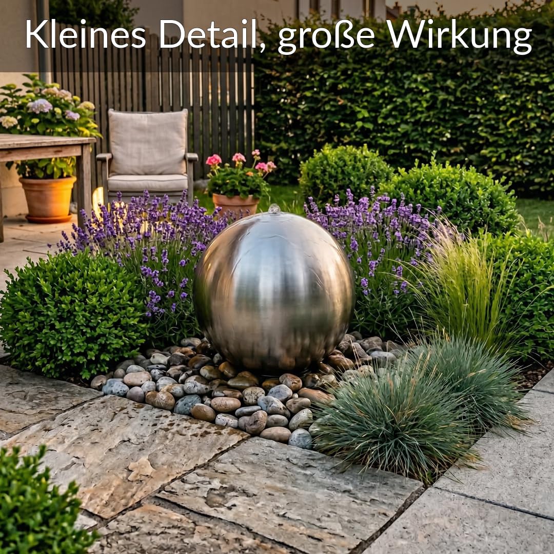 Kugelbrunnen aus matt gebürstetem Edelstahl D: 38 cm – Edelstahlkugel matt für Gartenbrunnen, Wasserspiel Garten, 30 mm Lochbohrung, 1/2 Zoll Schlauchanschluss, Edelstahlbrunnen für DIY Brunnenanlagen