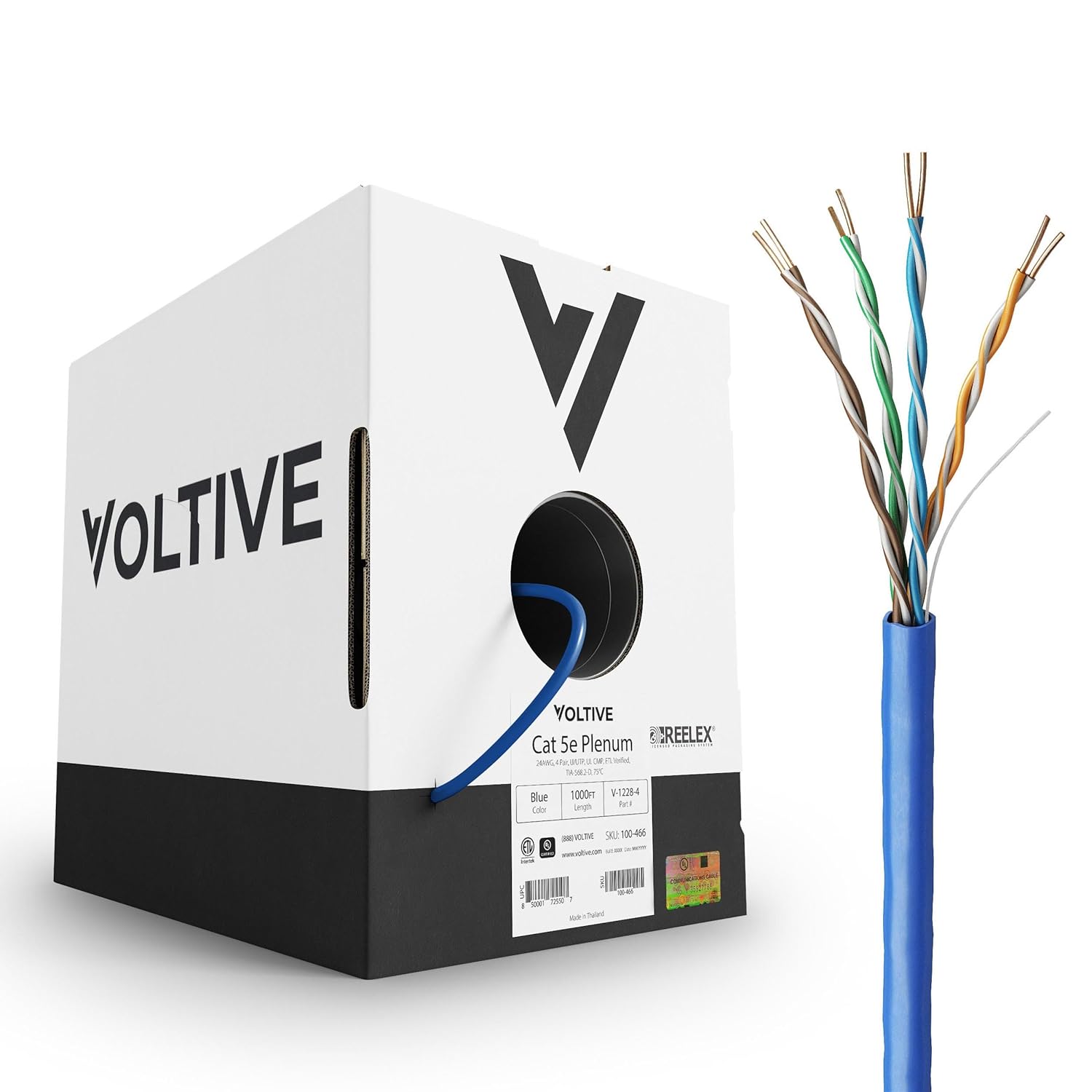 Voltive Cat5e Plenum (CMP), 1000ft, Blue - Solid Bare Copper Bulk Ethernet Cable - UTP - 350MHz - UL Certified & ETL Verified