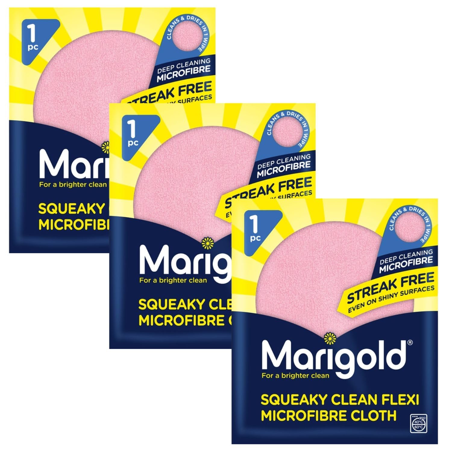 Marigold Squeaky Clean Microfibre Cloth Bundle - 3 Pack | Streak-Free Ultra-Absorbent Multi-Surface Cleaning Cloths for Kitchen, Bathroom, Glass & Windows | Machine Washable | 32 x 27 cm Each