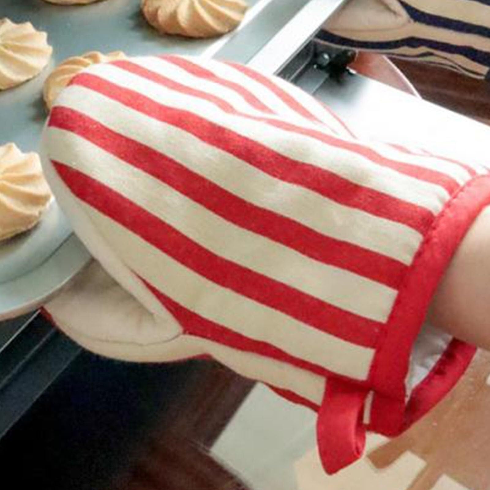 Rękawice do Pieczenia, 1 Para Rękawic Kuchennych Bawełniane, Odporne Na Ciepło I Oparzenia Rękawice Do Kuchenek Mikrofalowych Idealne do Gotowania(Red-Stripe)
