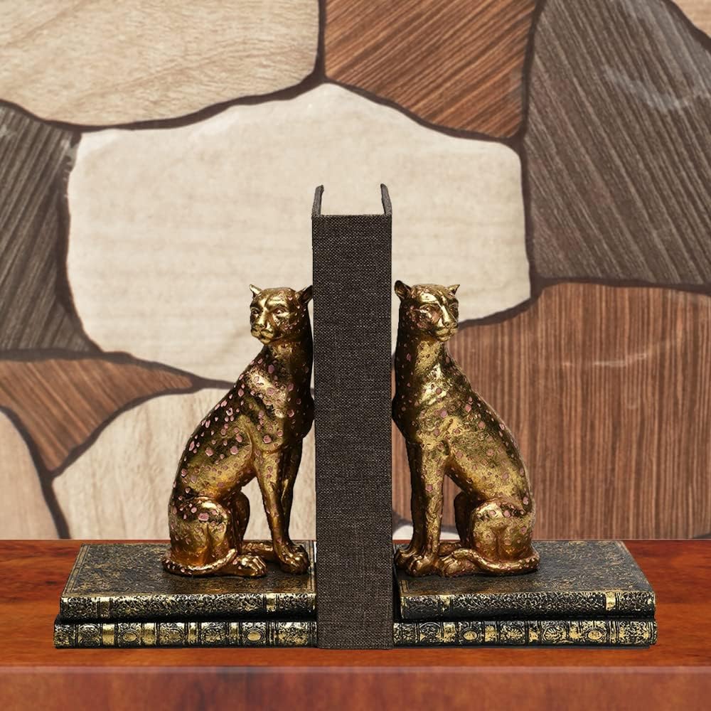 Comfy Hour 9.1" Gold Cheetah Egyptian Bastet Figurine Style Bookends, Antique Vintage Leopard Statue Home Decor, Heavy Duty Animal Book Stoppers Pair