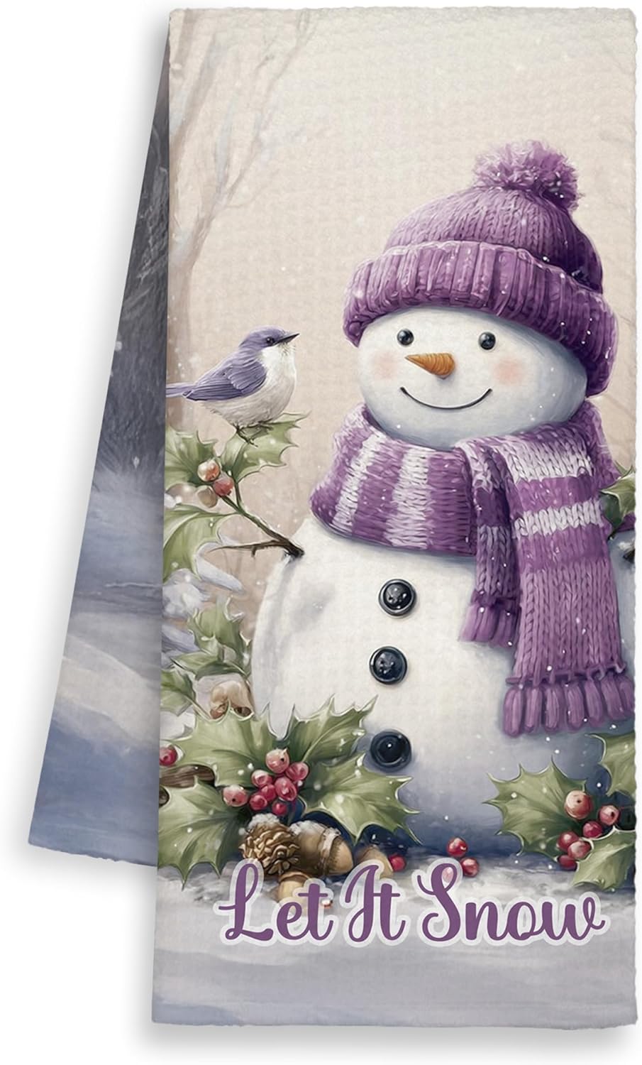 Winter Purple Snowman Christmas Kitchen Towels, Let It Snow Hand Towels Decor for Girls Bathroom, Snowy Forest Dish Towel, Vintage Tea Bar Waffle Towel for Dorm Holiday Home 16x24in