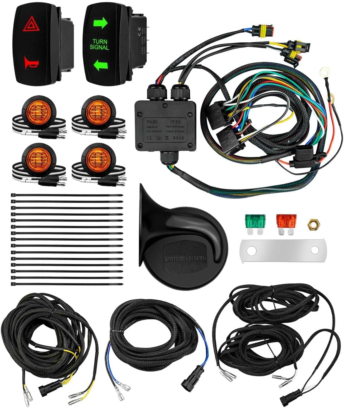 Pre-wired ATV UTV Turn Signal Kit, Universal Street Legal Kit with 60DB Horn & Toggle Switch, Side by Side Blinker Kit Fits for Polaris Arctic Cat Yamaha Kawasaki Can-Am Pioneer Golf Cart Dune Buggy