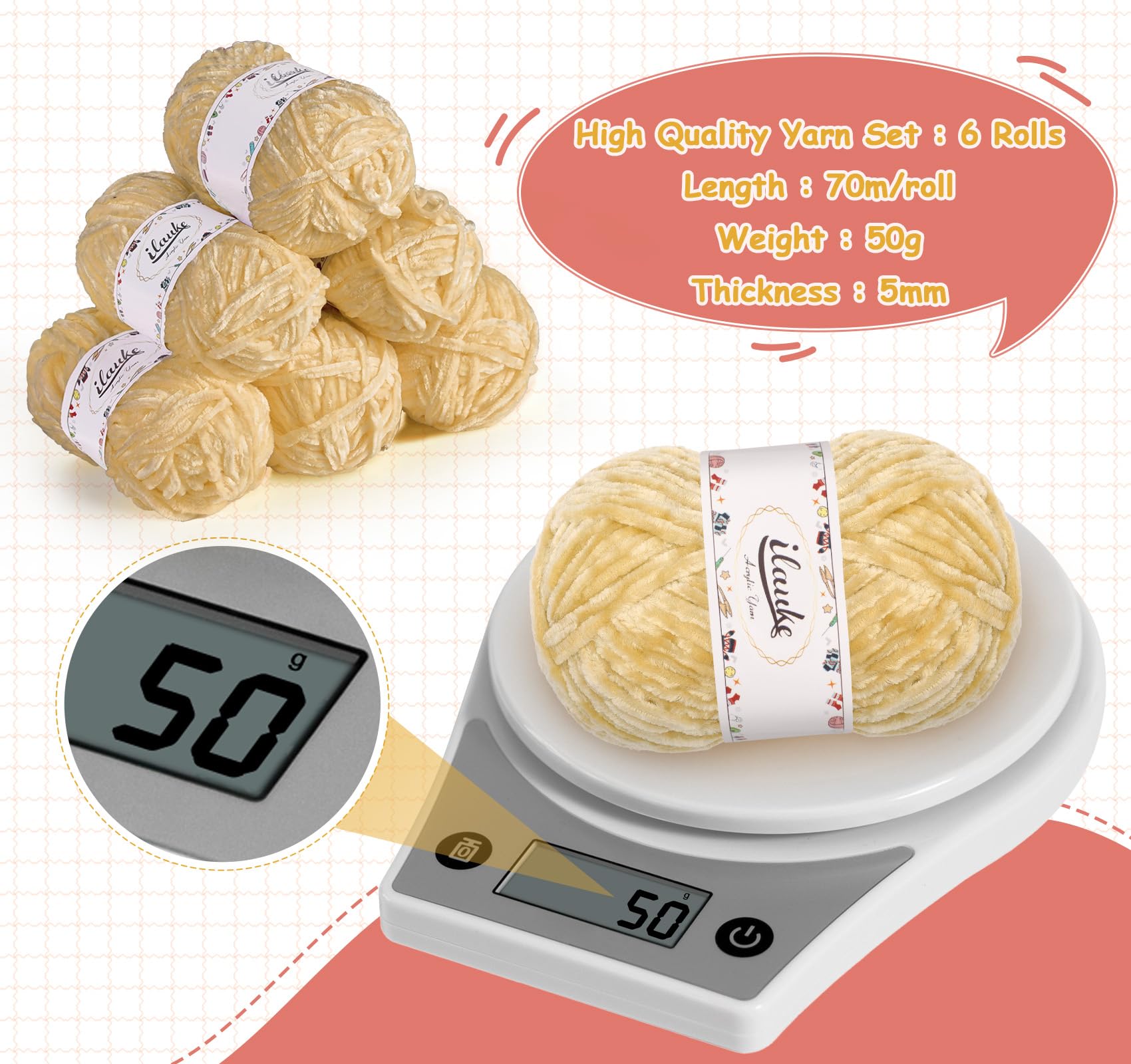 ilauke Chenille-garen, 6 x 50 g, zachte chenille dikke wol, haakgaren voor breien, met handtas, voor kleding, dekens, tassen, doe-het-zelf, roze