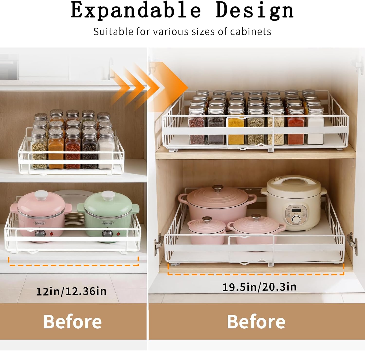 2 Pack Expandable Pull out Cabinet Organizer, Width (13"-21") Depth (16"-26") Pull Out Drawers for Cabinets, Upgrade 3 Slide Rails Slide Out Drawers, No Drill Adjustable Roll Out Shelves (White)