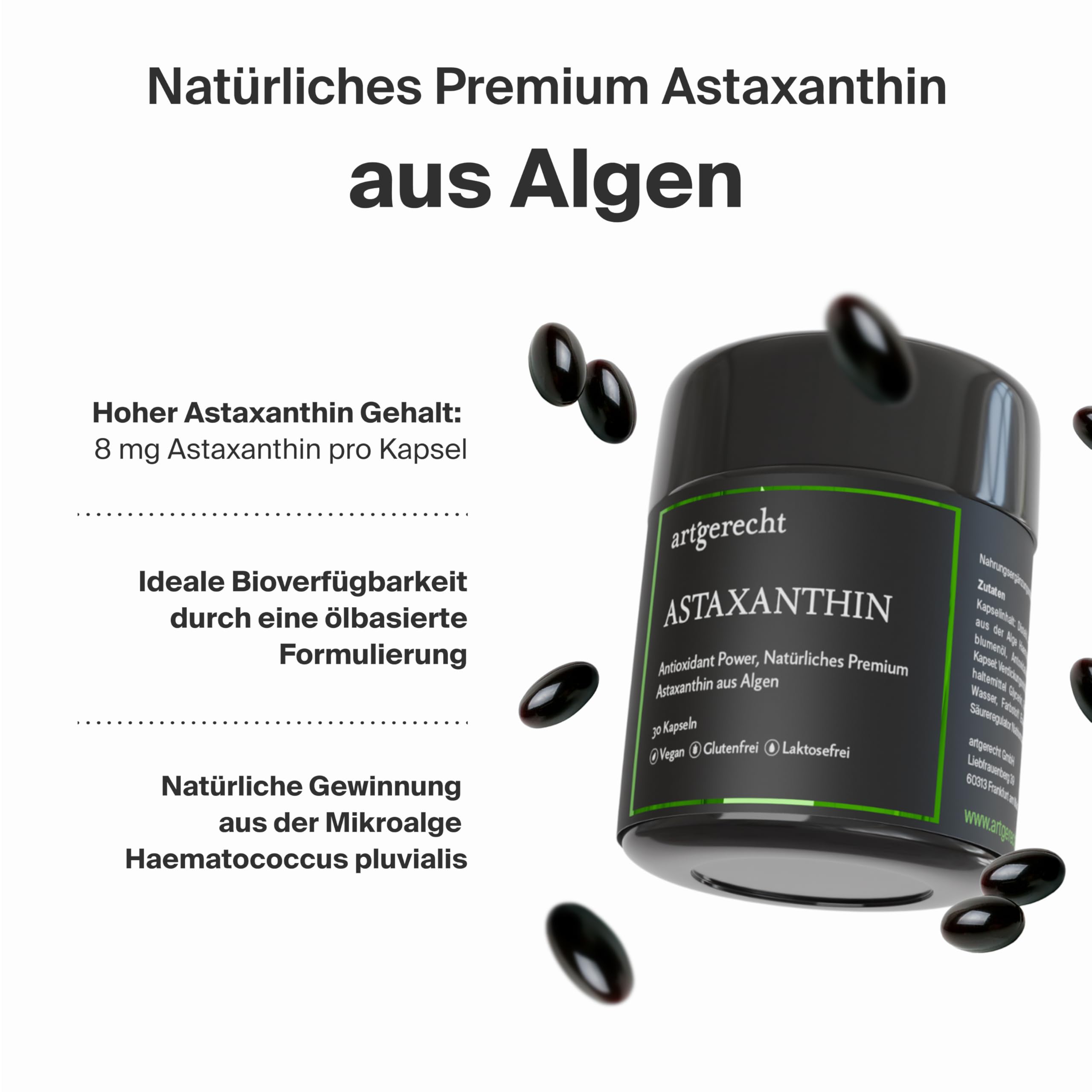 ASTAXANTHIN – Natürliches, hochreines Antioxidans aus Algen (Haematococcus pluvialis) | 30 Kapseln mit 8 mg | Für Zellgesundheit, Hautschutz & Immunsystem | Vegan & gentechnikfrei
