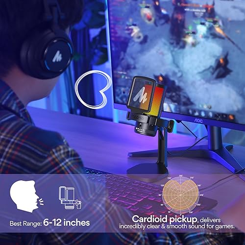 Miniatura 6 de MAONO Micrófono USB para juegos para PC, micrófono condensador con cancelación de ruido con luces RGB, silencio, ganancia para transmisión,