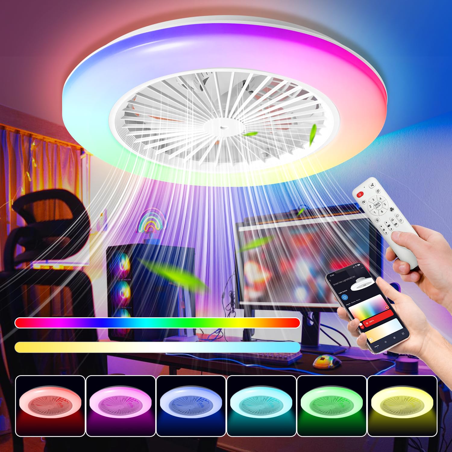 Ventilatore da soffitto RGB con illuminazione e telecomando, Ø 49 cm, lampada LED, 3 temperature e 6 velocità, timer, funz. estivo/inverno, per soggiorno, bianco