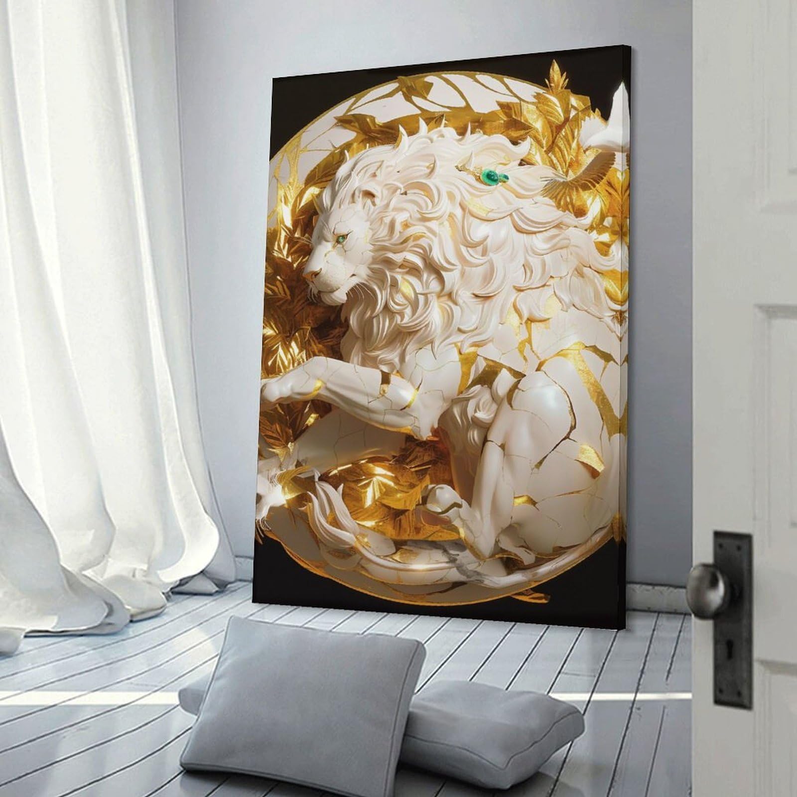 Junmoney Golden Lion Sculpture Wall Picture Print 24x36inch(60x90cm), for Lounge Decor, Offices Or Entryway Styling, Versatile Wall Decor for Many Rooms