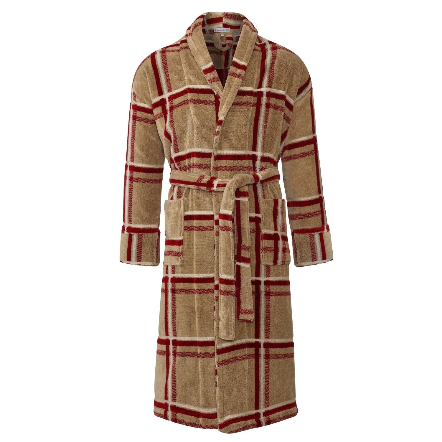 Bown of London Montana Men's Dressing Gown - Light Brown Red Check - 100% Egyptian Cotton 450gsm - Size 4XL